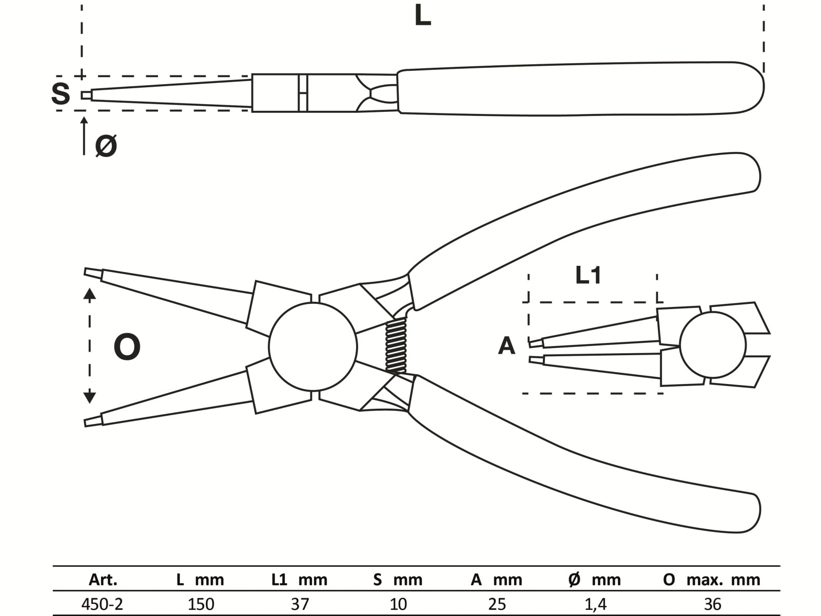 BGS TECHNIC Sprengringzange 450-2, gerade, 150 mm