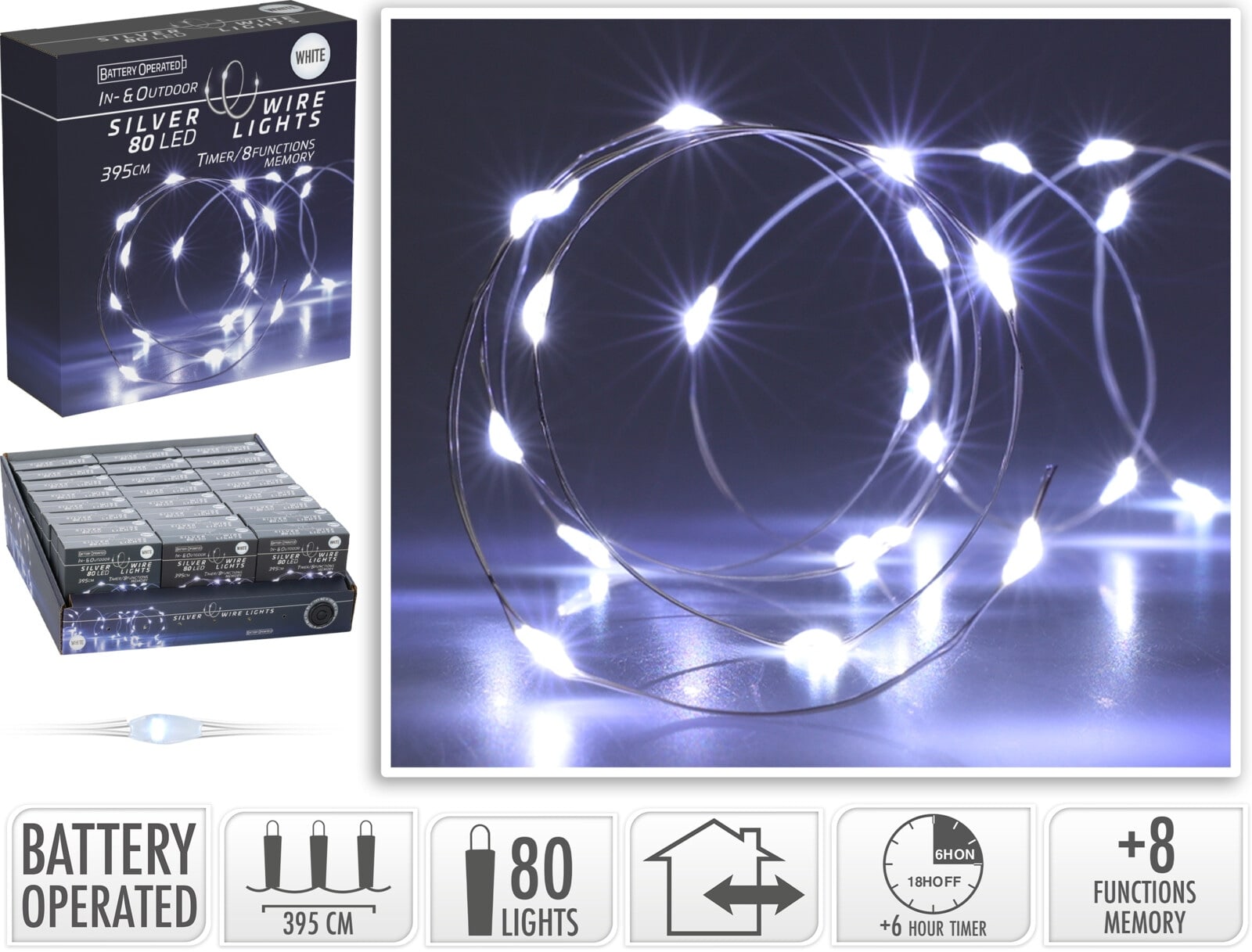 KOOPMAN LED-Lichterkette kaltweiß, Batteriebetrieben, 80 LEDs, Silberdraht, Innen/Außen, 3,95m