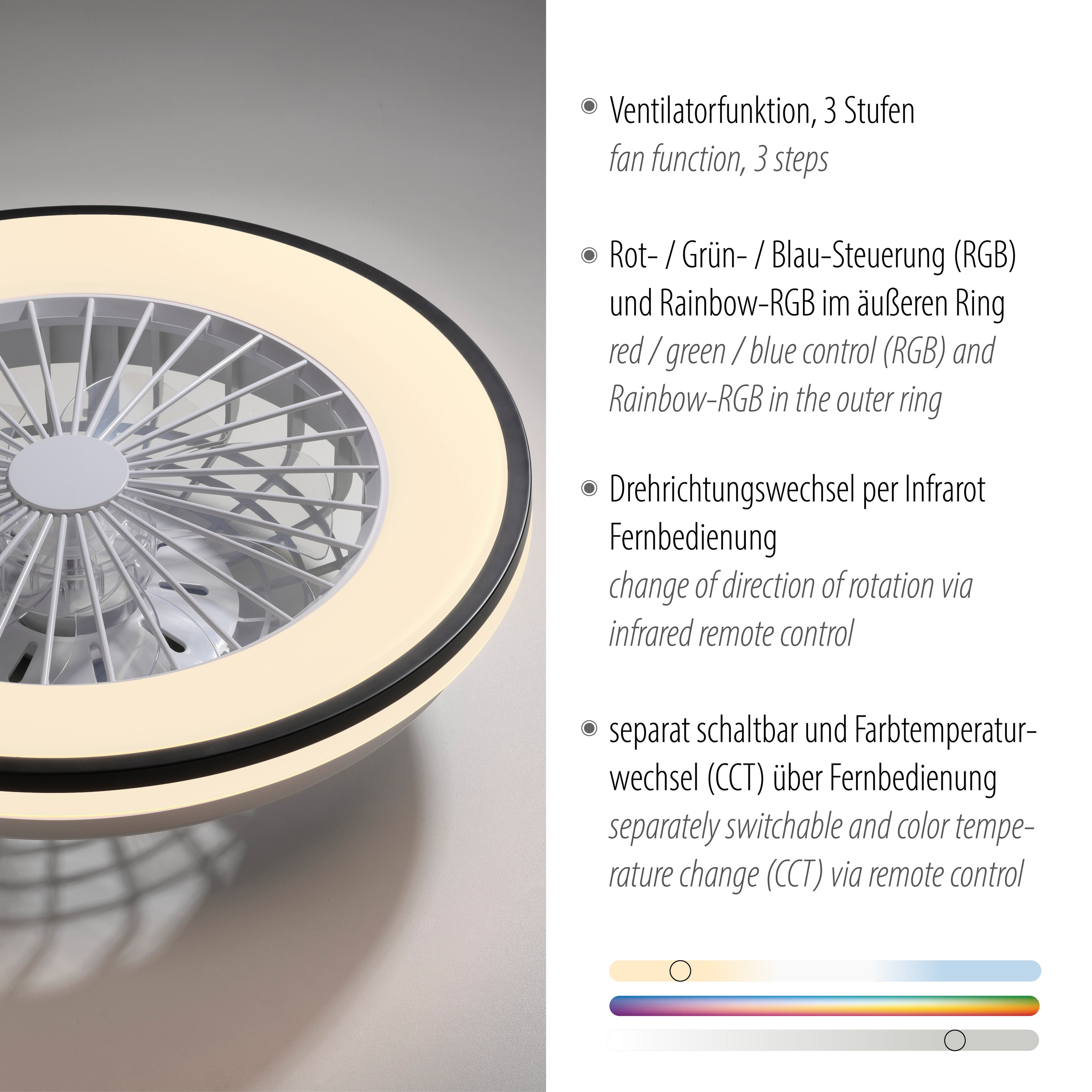 JUST LIGHT LED-Deckenleuchte 14447-18, Ventilator, 44W, 5400lm, CCT, RGB, IP20, schwarz/weiß