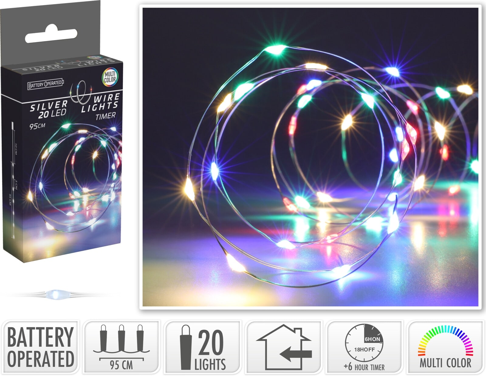 LED-Silberdrahtlichterkette, 20 LEDs, bunt, Batterie, Innen, 1 m, Timer LED-Lichterkette, Silberdraht, 20 LEDs, bunt, Batteriebetrieb, Timer