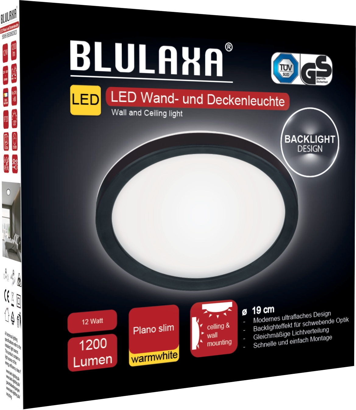 BLULAXA LED-Deckenleuchte, 12W, 3000K, 1200lm, warmweiß, IP20, schwarz
