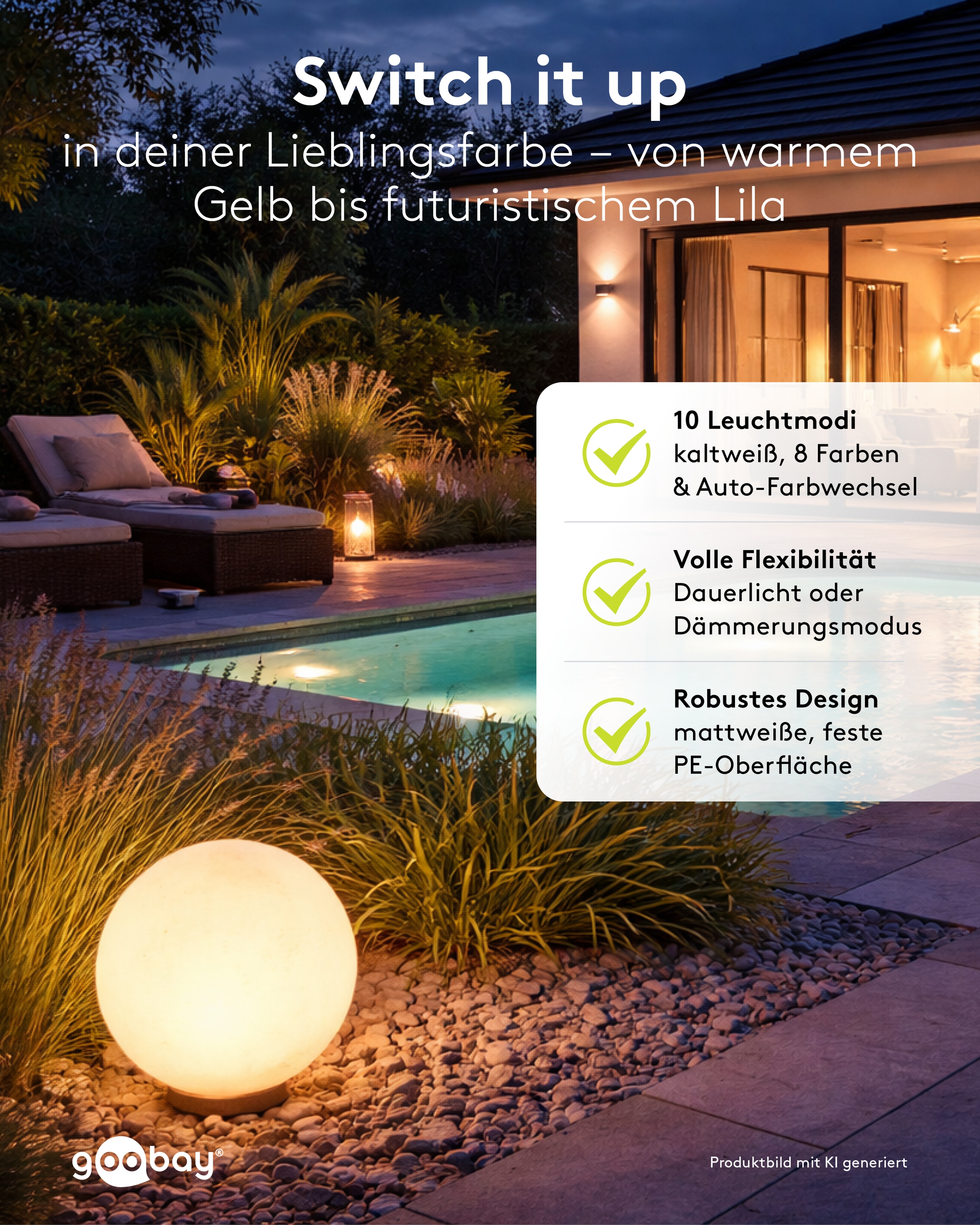 GOOBAY LED-Solar-Gartenleuchte, 35 cm, Kugel, Größe XL, RGBW