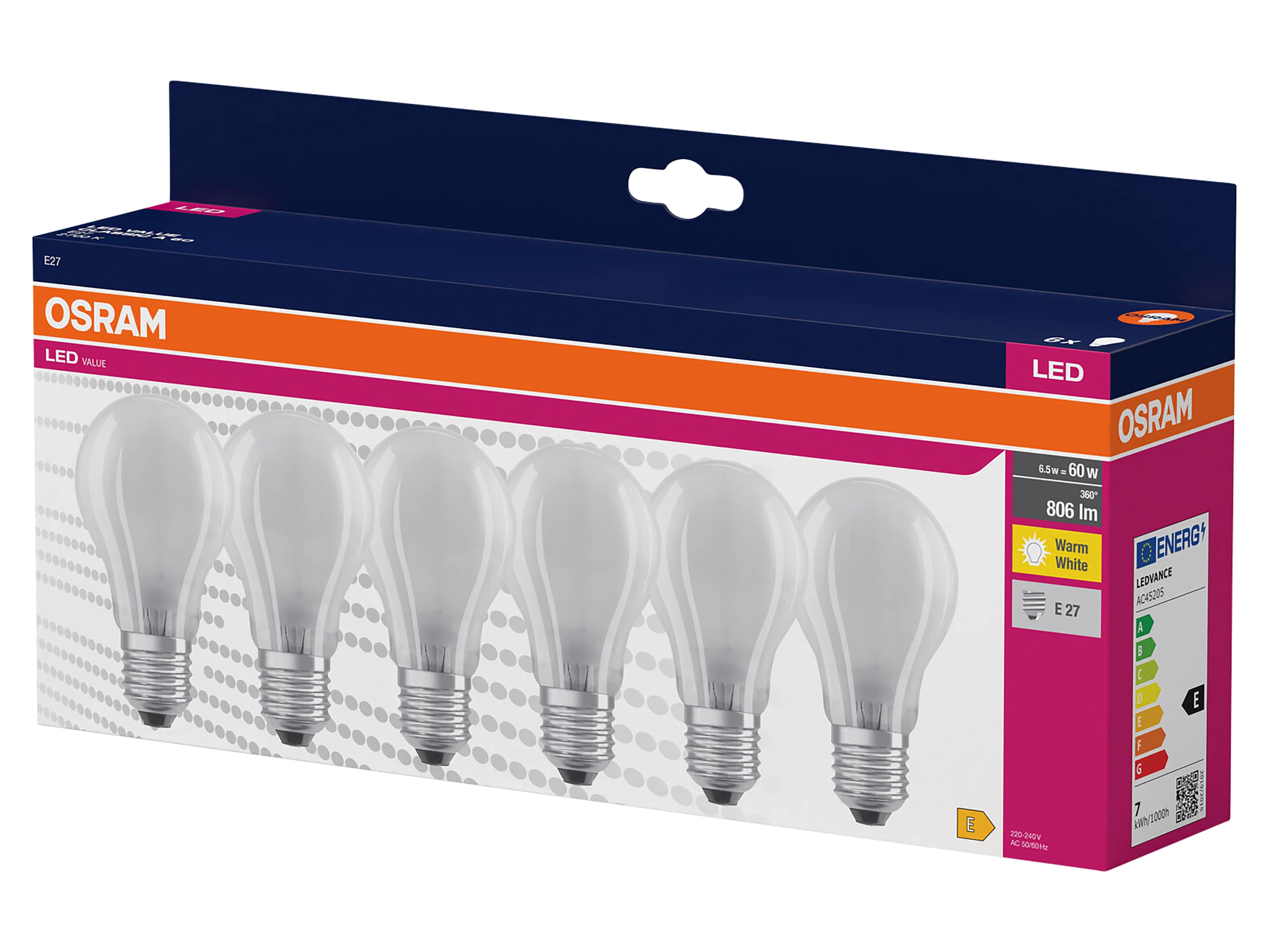 OSRAM LED-Lampe A60 matt, 6 Stück, E27, 6,5 W, 806 lm, 2700 K OSRAM LED-Lampe A60 matt, 6 Stück, E27, 6,5 W, 806 lm, 2700 K