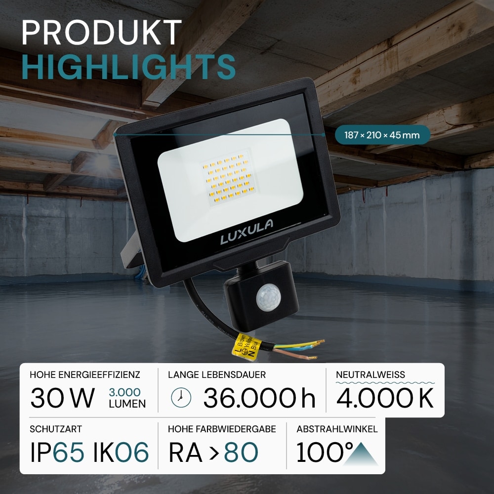 LUXULA LED-Fluter mit Bewegungsmelder, EEK: F, 30W, 3000lm, 4000K, schwarz