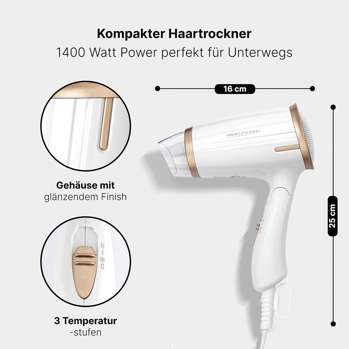 PROFICARE Haartrockner PC-HT 3009, Klappgriff, kompakt, 1400W, weiß-chanpanger