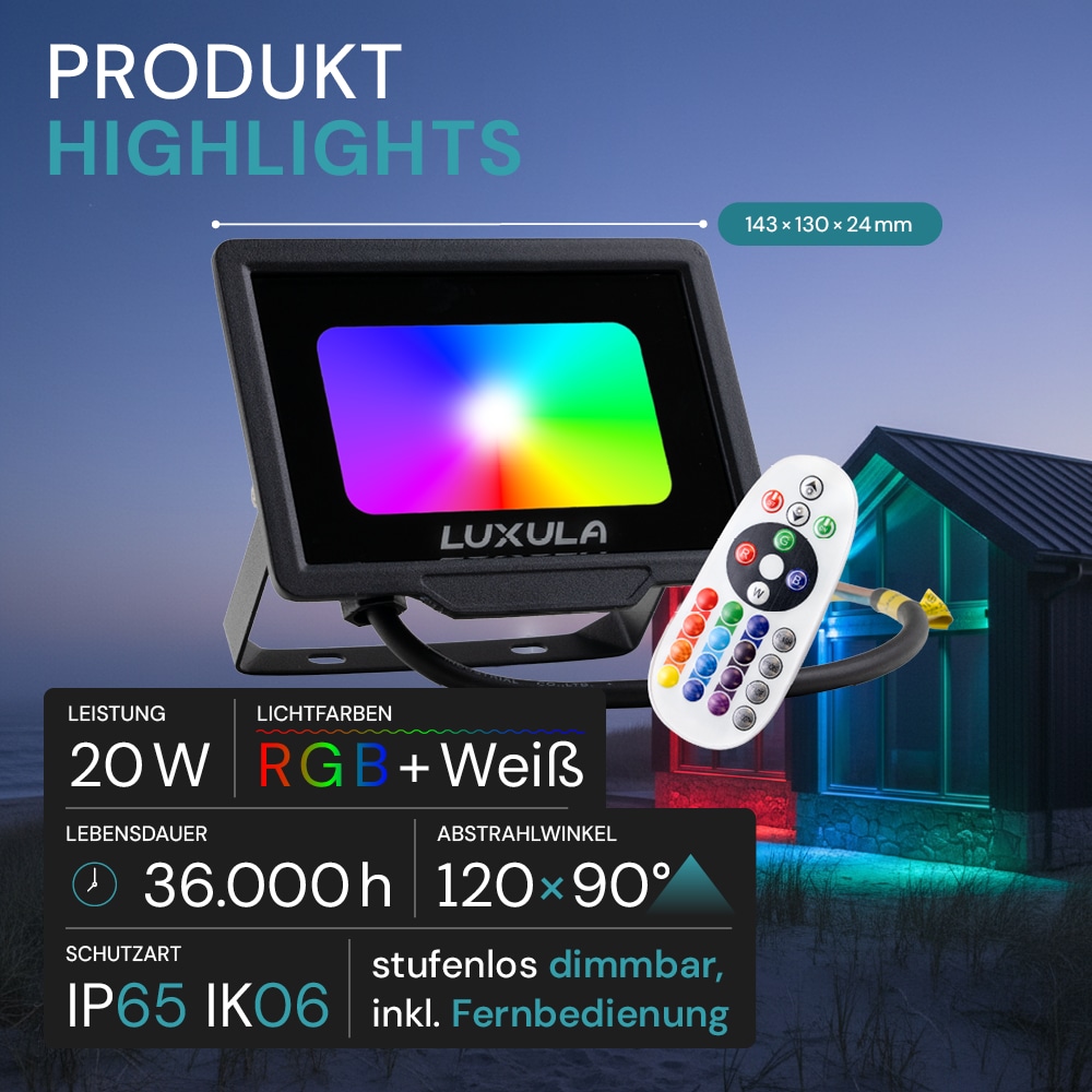 LUXULA RGB LED-Fluter LX400181, 20W, IP65, schwarz, mit Fernbedienung LUXULA RGB LED-Fluter LX400181, 20W, IP65, schwarz, mit Fernbedienung