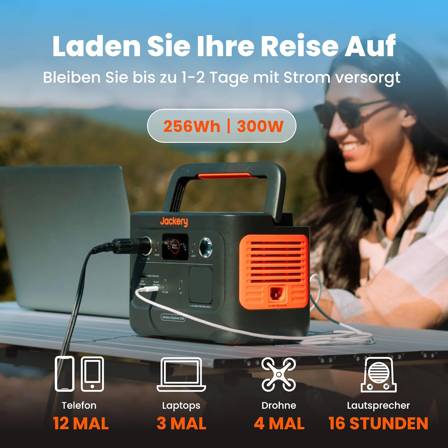 JACKERY Powerstation Explorer 240 V2, LiFePO4, 256 Wh, 300 W, 5-Port, USB-C PD 100 W, faltbarer Tragegriff