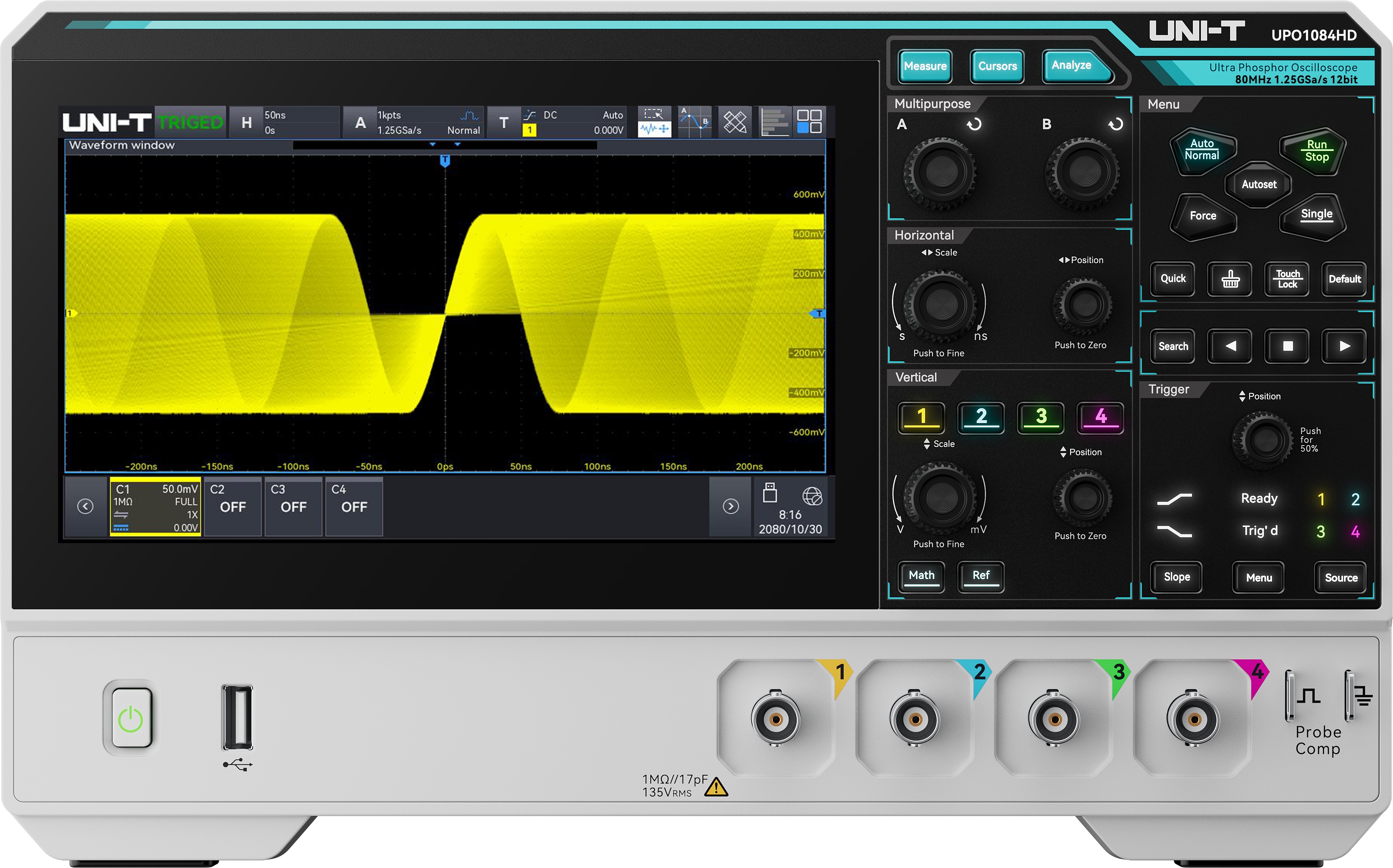 UNI-T Oszilloskop UPO1084HD, 4 Kanäle, 1,25 GS/s, 80 MHz