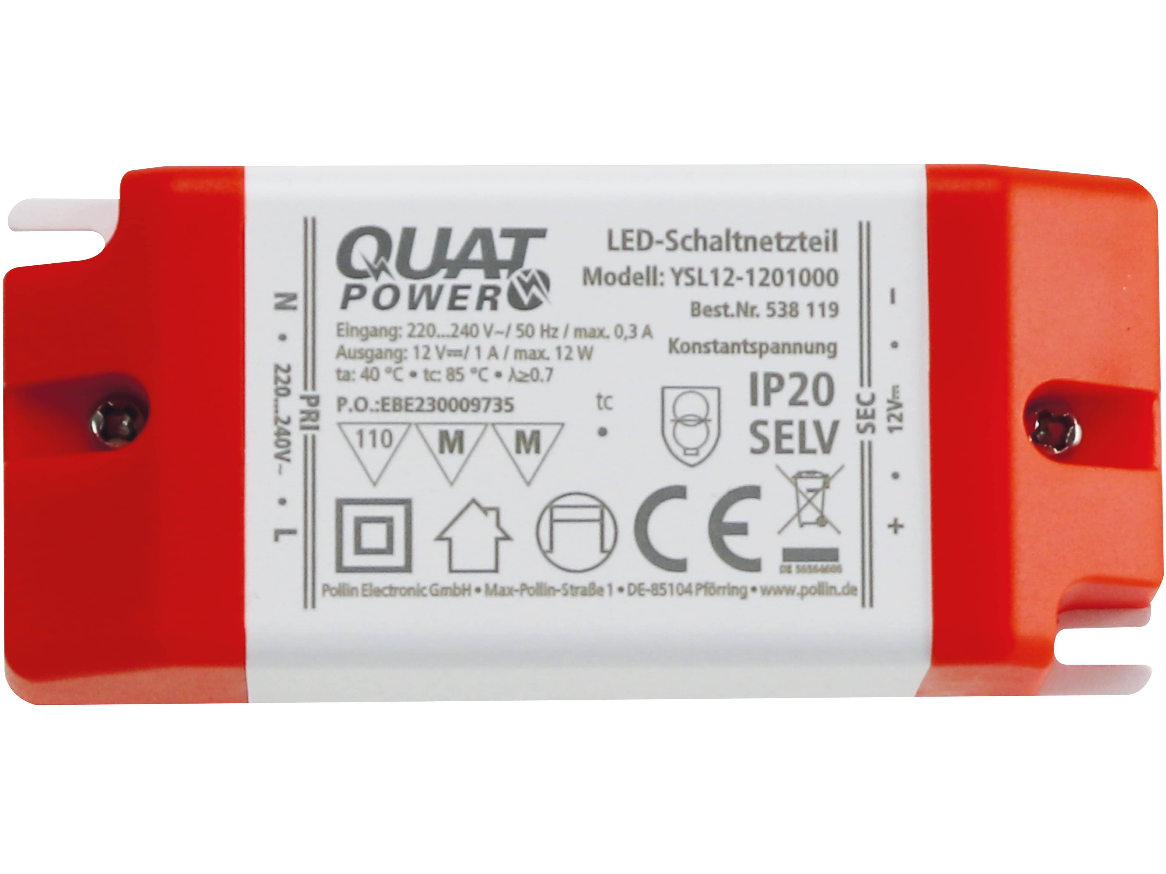 QUATPOWER LED-Schaltnetzteil YSL12-1201000, 12 V-, 12 W QUATPOWER LED-Schaltnetzteil YSL12-1201000, 12 V-, 12 W