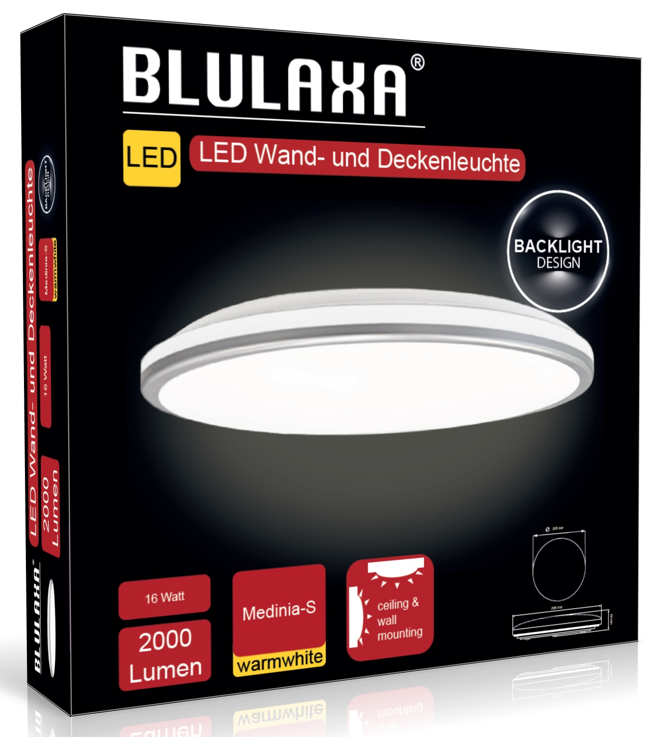 BLULAXA LED-Wand- und Deckenleuchte Medinia-S, 16 W, 3000 K, 2000 lm, warmweiß, IP20, weiß/silber, 285 mm