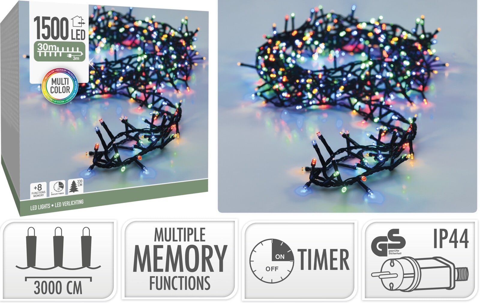 LED-Clusterlichterkette, 1500 LEDs, bunt, 230 V~, grün, Innen/Außen, 33 m, Timer LED-Clusterlichterkette bunt, 1500 LEDs, Grünes Kabel, Innen/Außen, 30 m