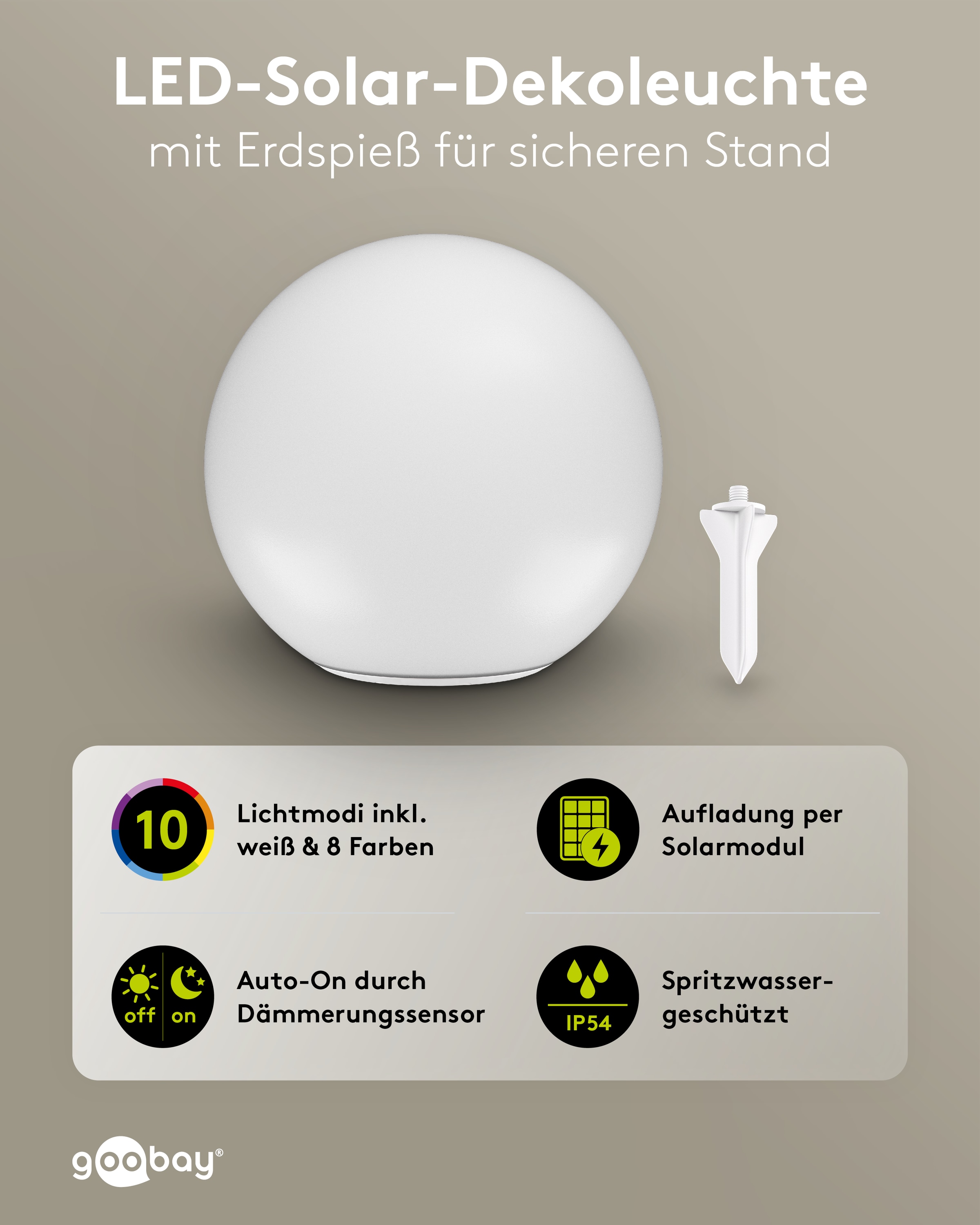 GOOBAY LED-Solar-Gartenleuchte, 35 cm, Kugel, Größe XL, RGBW