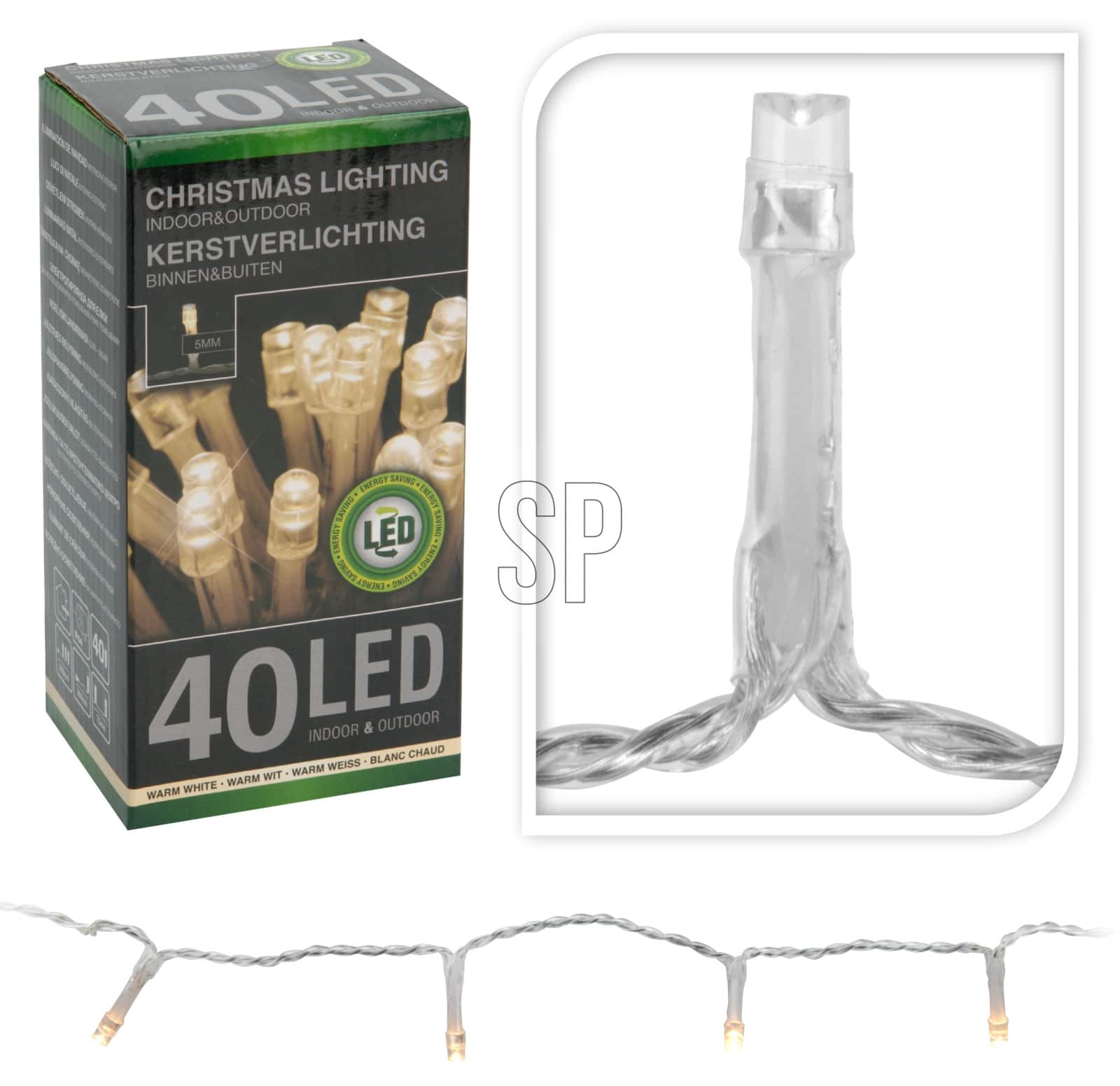 LED-Lichterkette, 40 LEDs, warmweiß, 230 V~, transparent, Innen/Außen, 6 m LED-Lichterkette, 40 LEDs, warmweiß, 230V~, IP44, Innen/Außen, Kabelfarbe silber/transparent