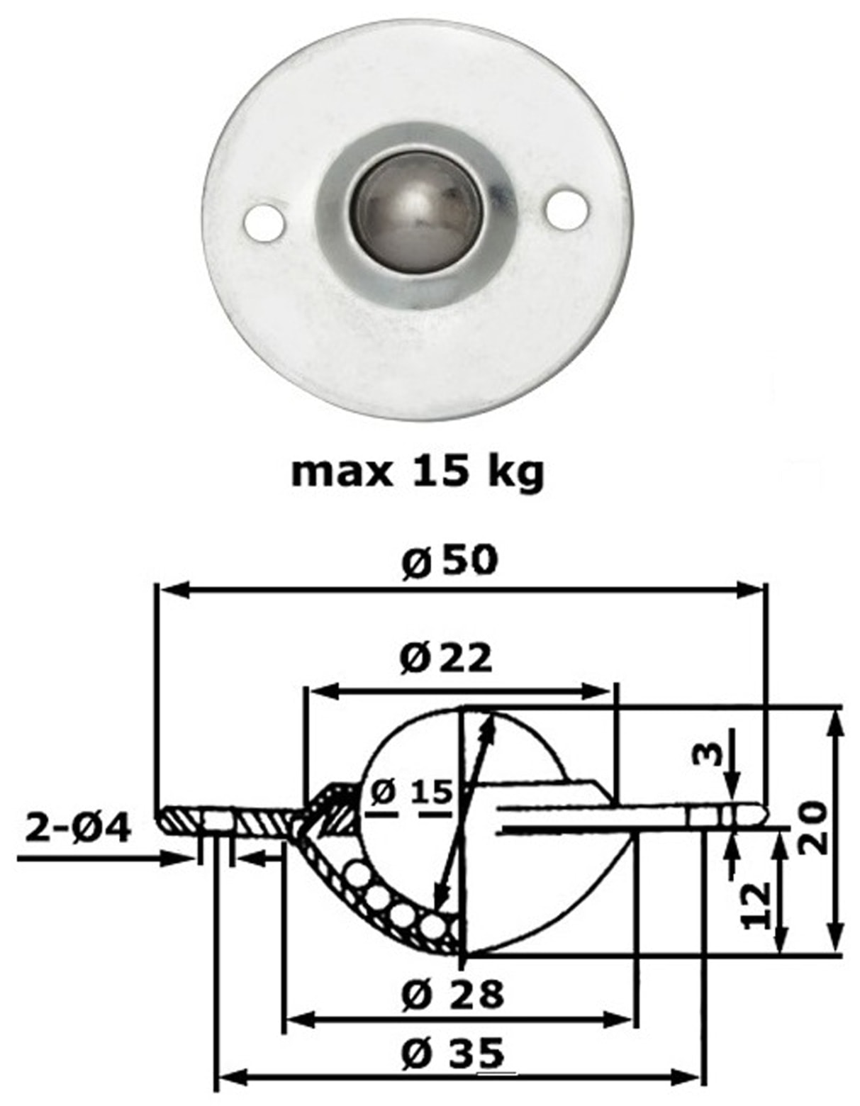 Kugelrolle, 50x20 mm, 15 kg, Stahl Kugelrolle, 50x20 mm, 15 kg, Stahl