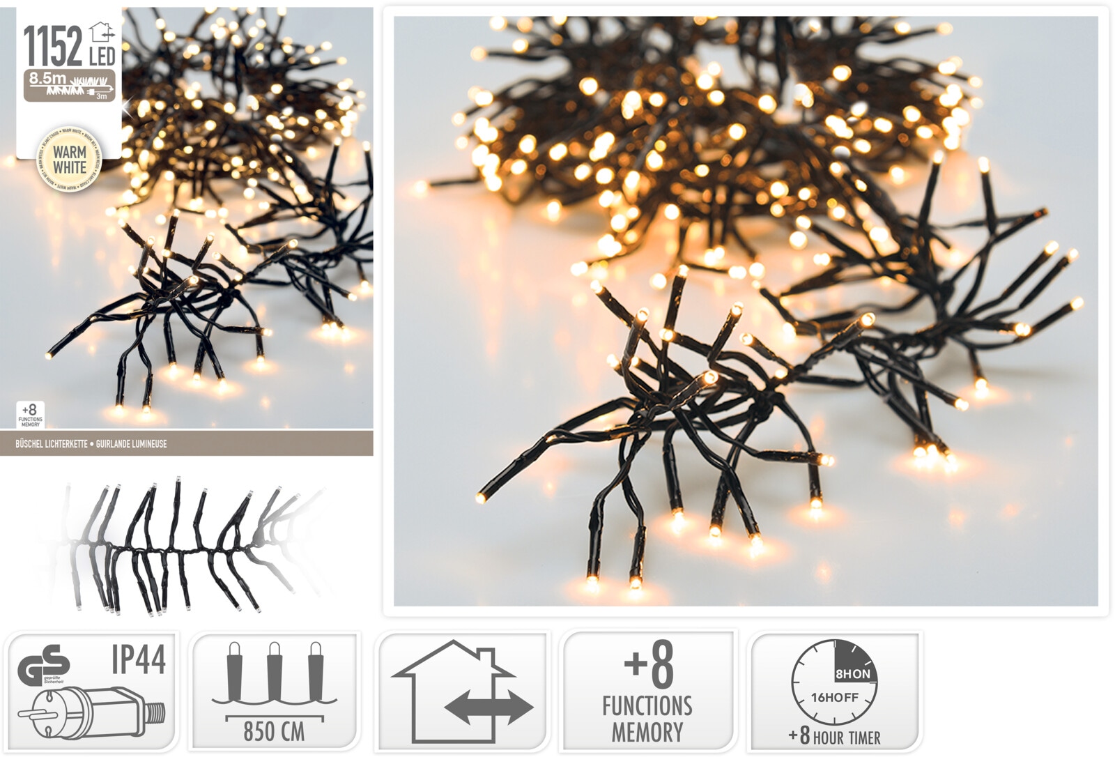 KOOPMAN LED-Clusterlichterkette Büschel warmweiß, 1152 LEDs, sw Kabel, Innen/Außen, 11,5m