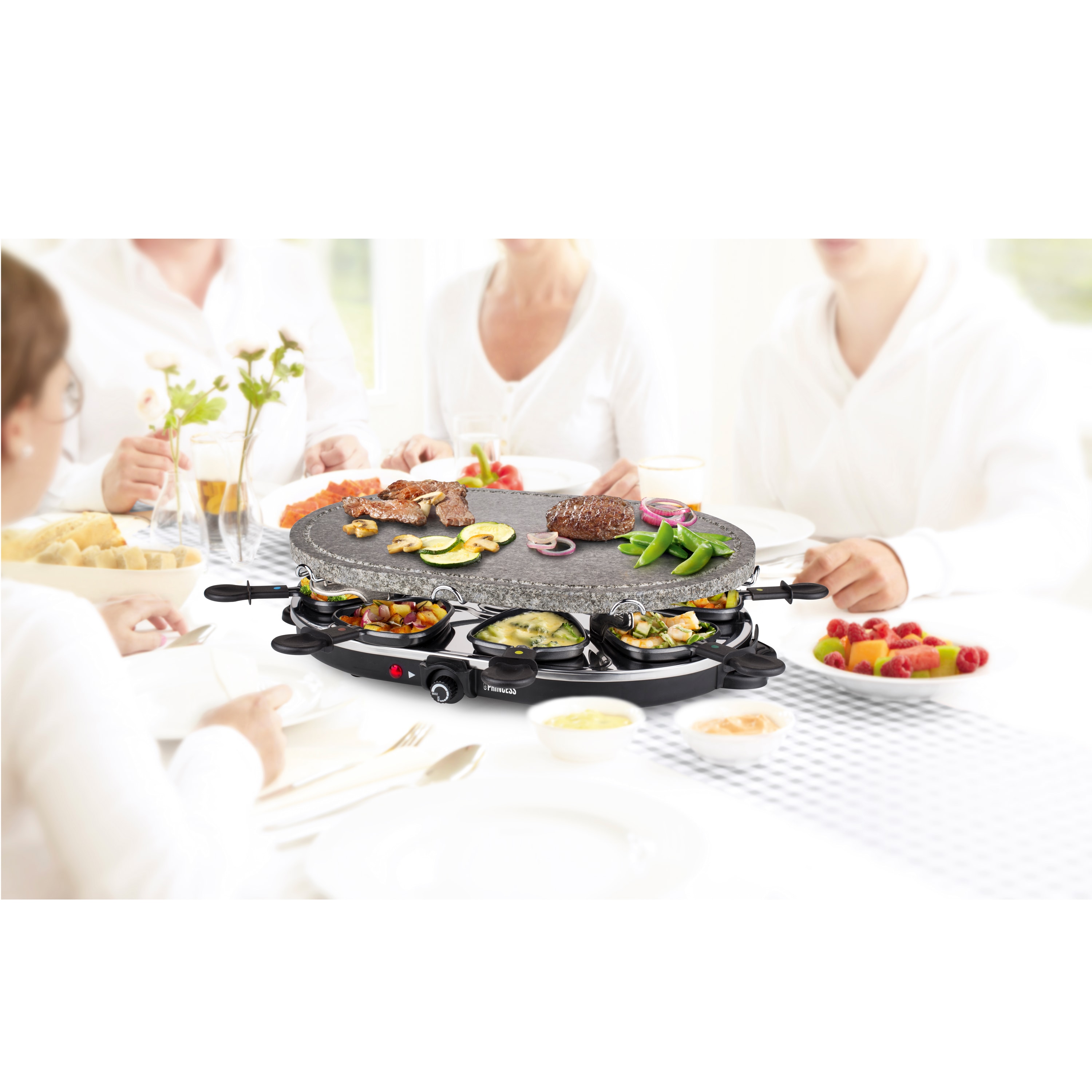 PRINCESS Raclette 8 Oval Steingrillplatte, 1200 W, 8 Pfännchen, 43x30 cm