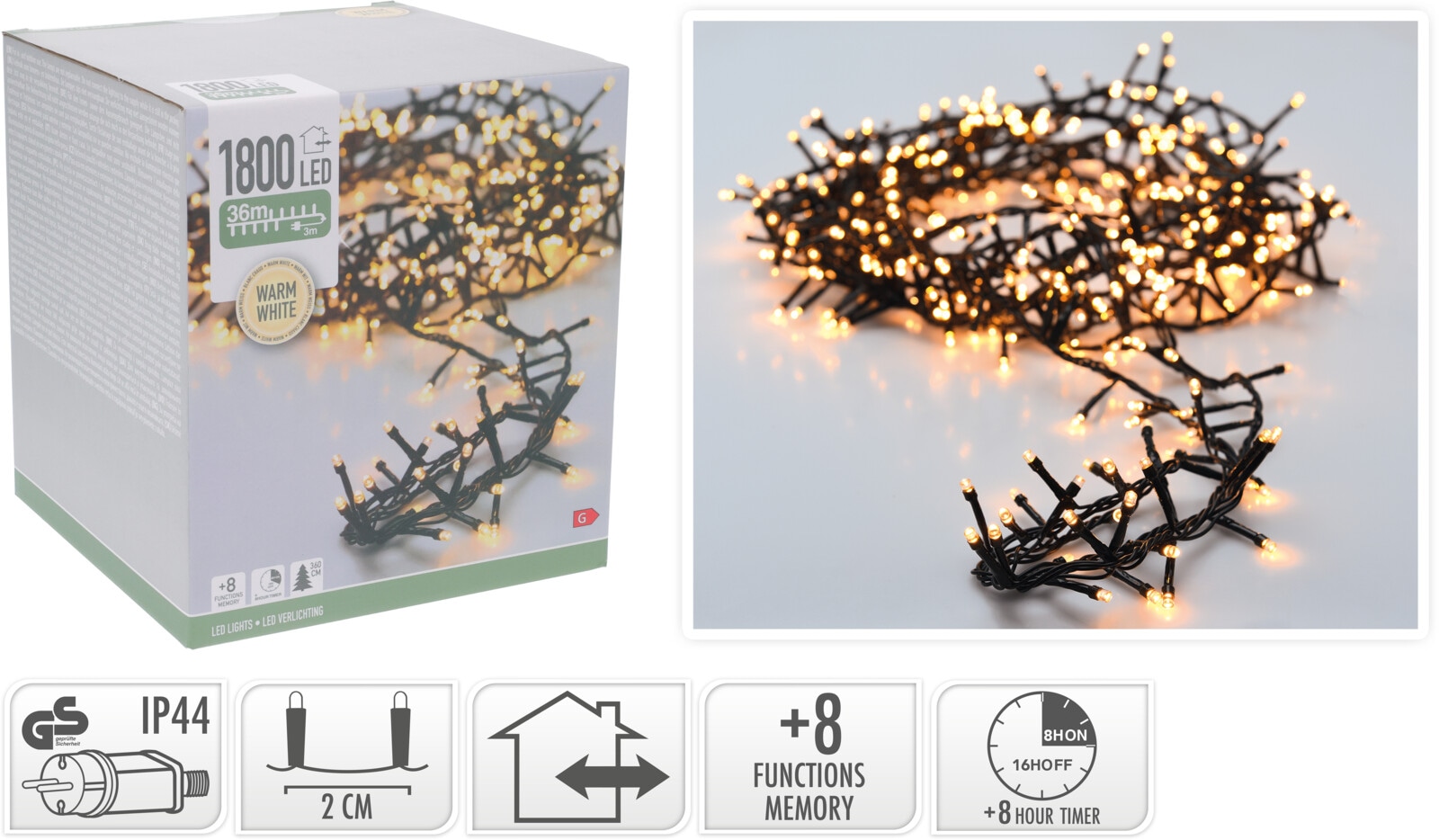 KOOPMAN LED-Clusterlichterkette warmweiß, 1800 LEDs, Grünes Kabel, Innen/Außen, 39m