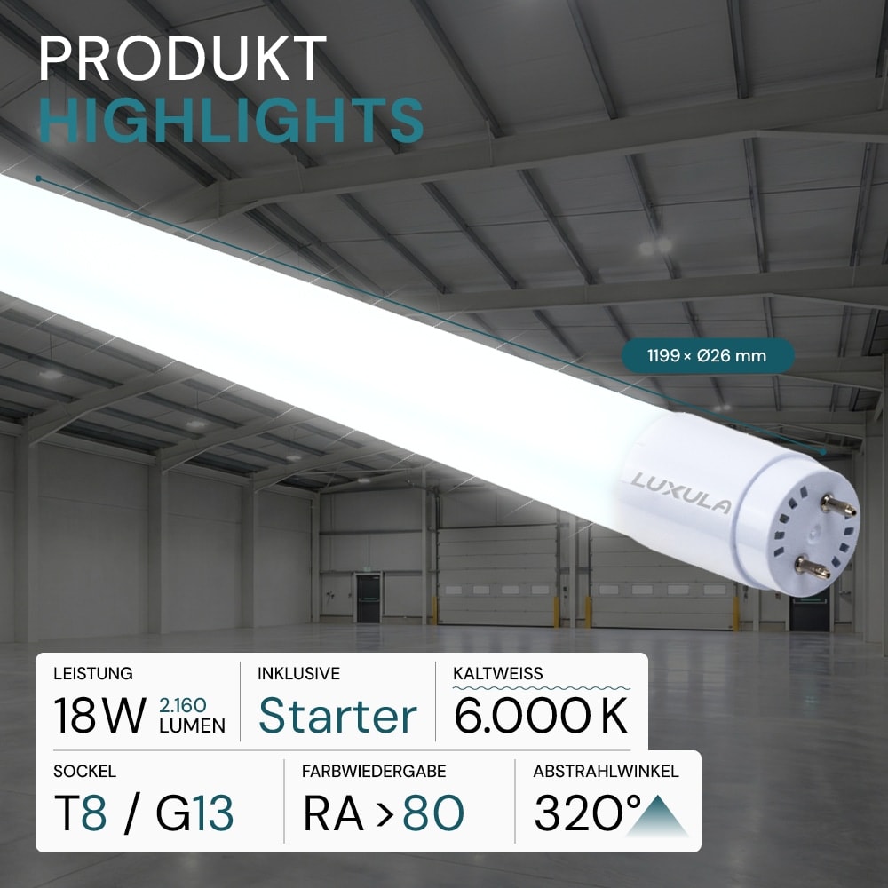 LUXULA LED-Röhre 2160lm LX100821, T8, 6000K, 120lm/W, 18W, mit Brücke LUXULA LED-Röhre 2160lm LX100821, T8, 6000K, 120lm/W, 18W, mit Brücke
