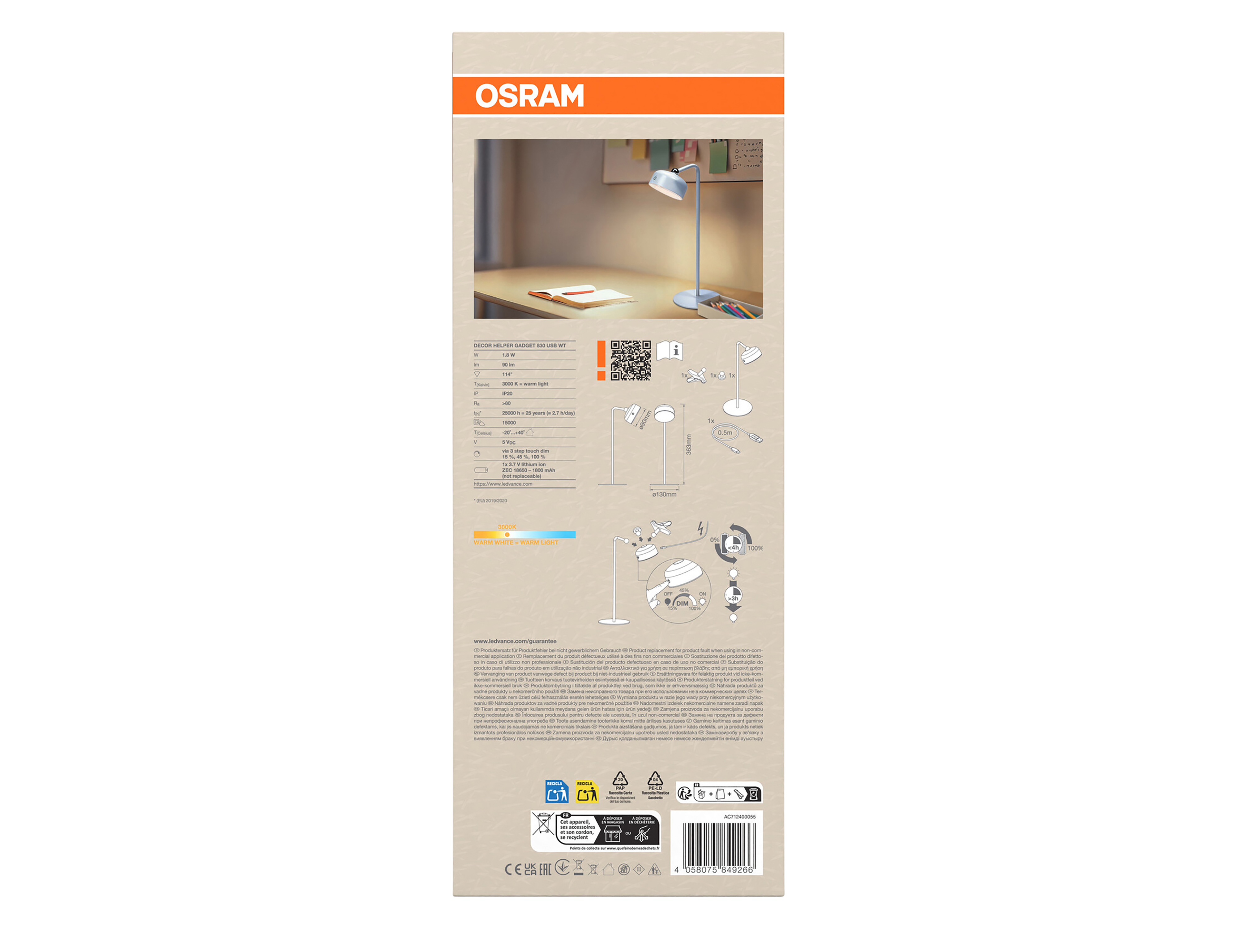 OSRAM LED-Tischleuchte, 1,8W, 3000K, 140lm, warmweiß, Dimmbar, IP20, weiß