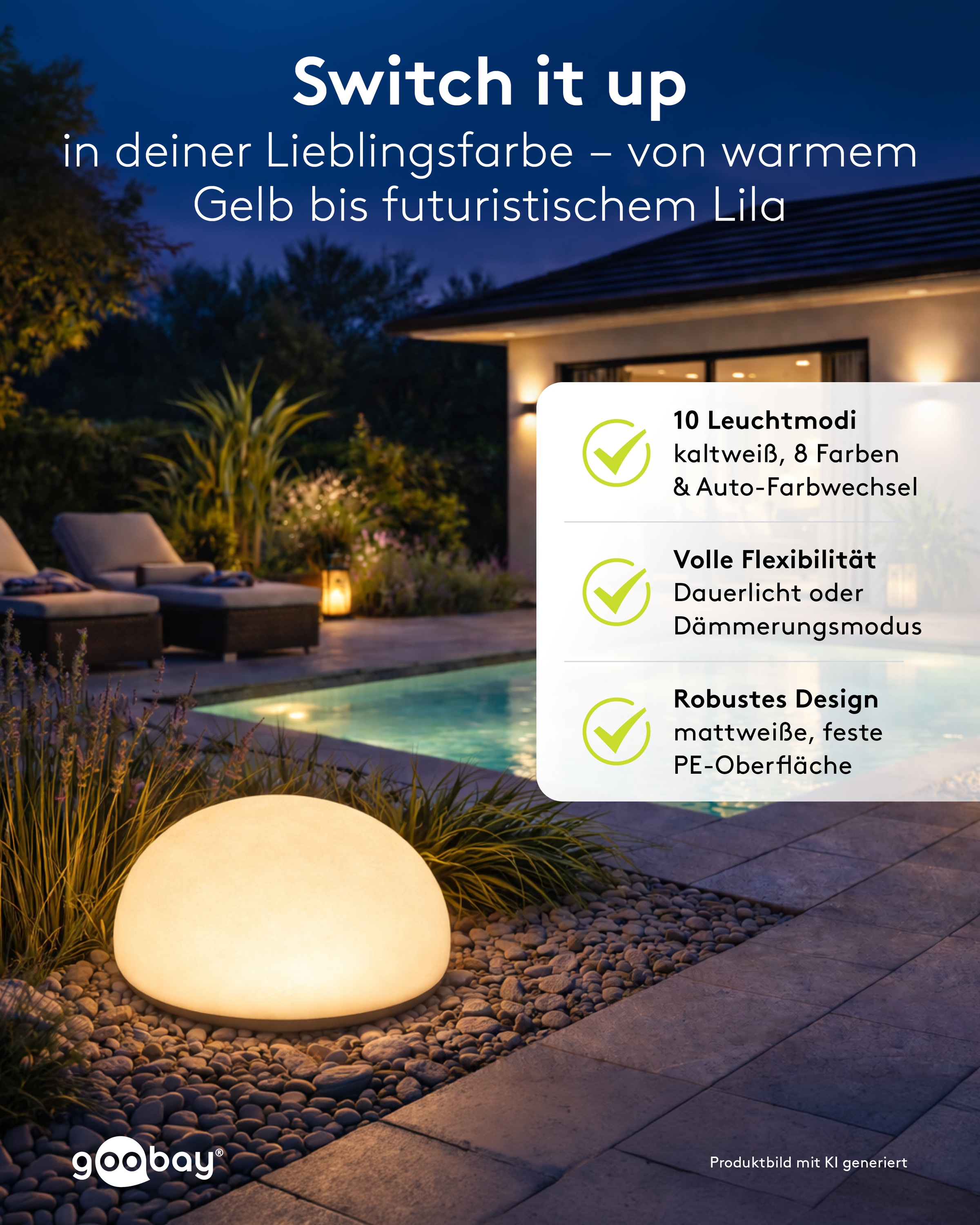 GOOBAY LED-Solar-Gartenleuchten, 24 cm, Stein, Größe M, RGBW, 2 Stück