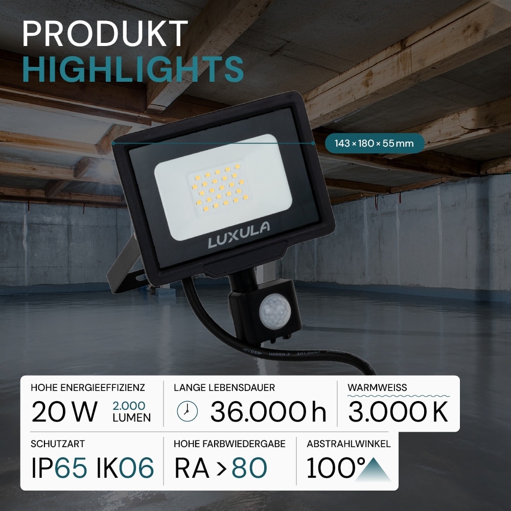 LUXULA LED-Fluter mit Bewegungsmelder, EEK: F, 20W, 2000lm, 3000K, schwarz