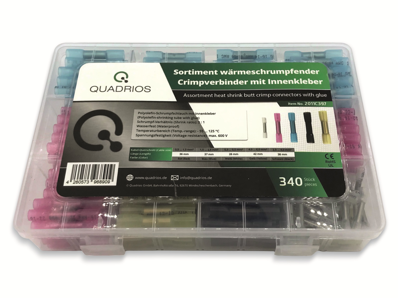 QUADRIOS, 2011C397, Schrumpf-Stoßverbinder-Sortiment 340 tlg. - 3:1 -mit Innenkleber QUADRIOS, 2011C397, Schrumpf-Stoßverbinder-Sortiment 340 tlg. - 3:1 -mit Innenkleber