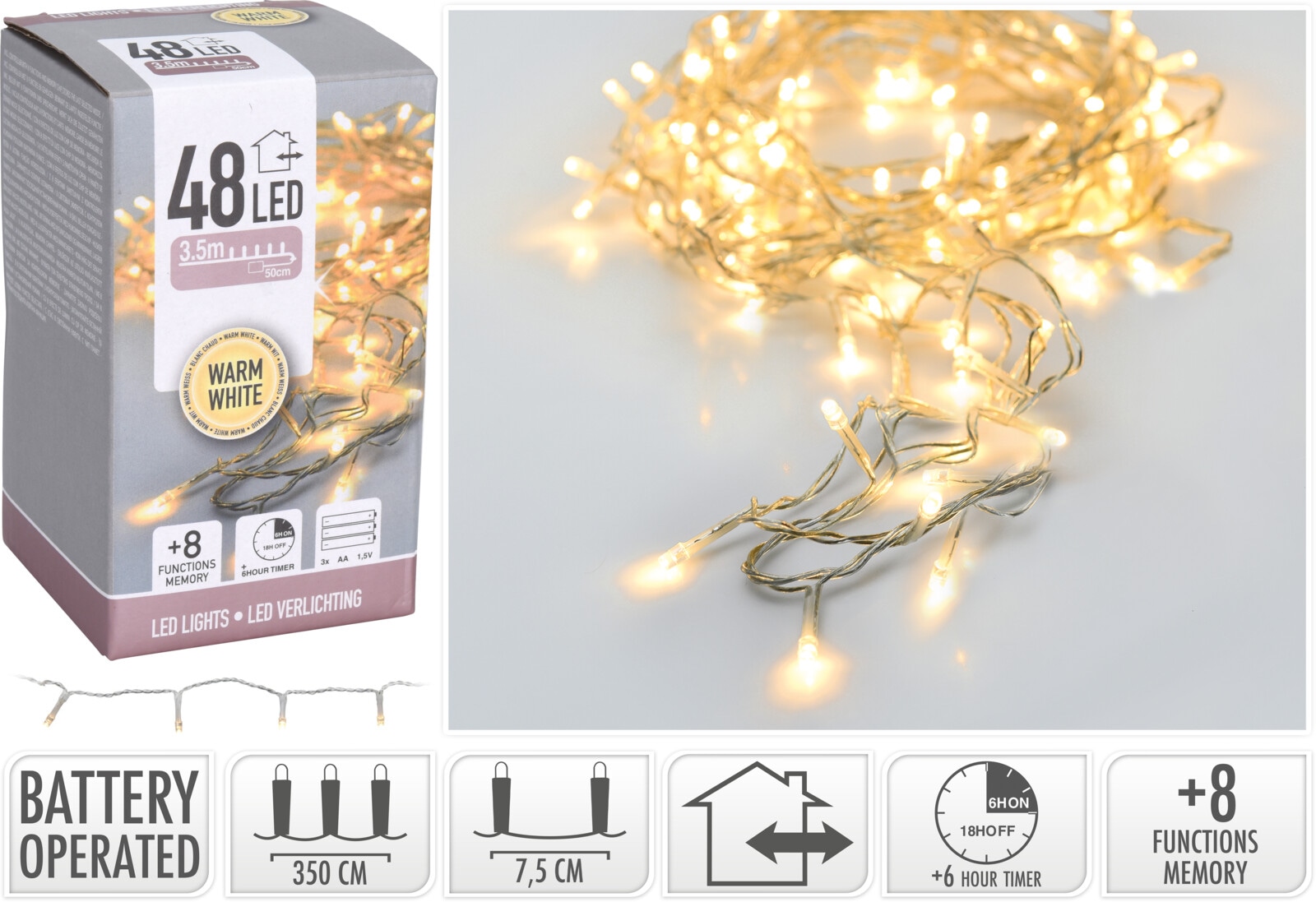 KOOPMAN LED-Lichterkette, 48 LEDs,warmweiß, transp. Kabel, Innen u. Außen, Batteriebetrieben, 3,50m