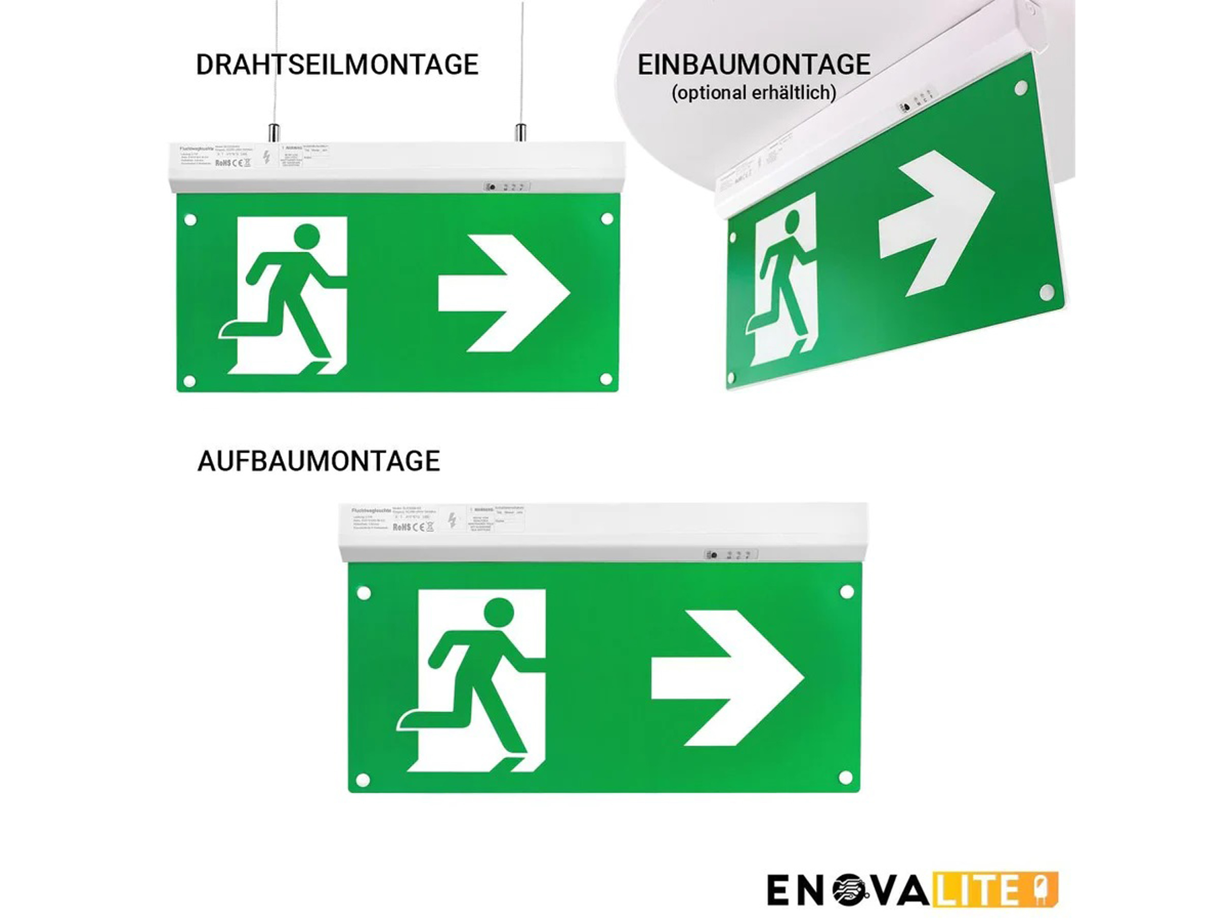 ENOVALITE LED-Fluchtwegleuchte, 200102, inkl. Notstromeinheit, TEST-Funktion
