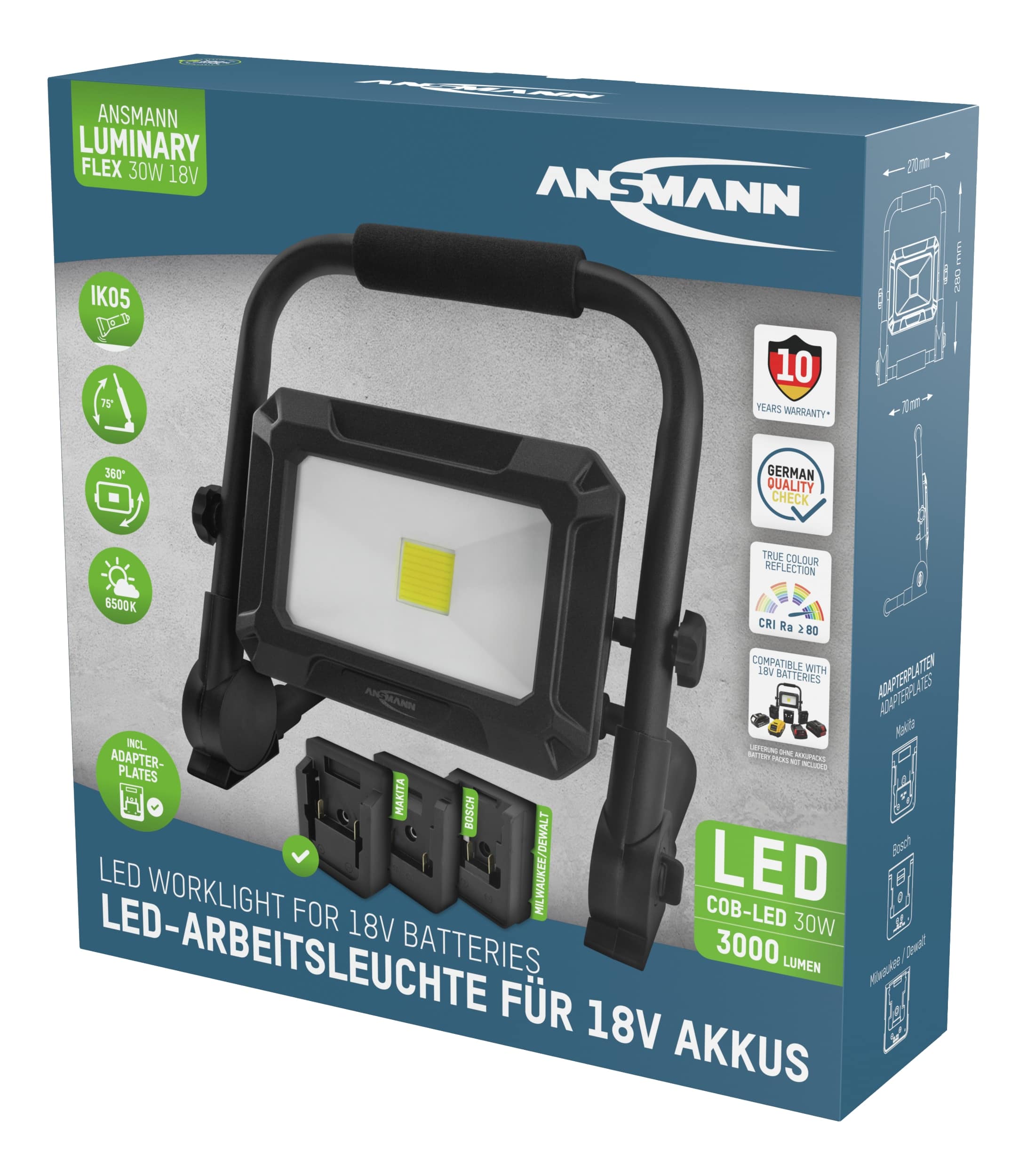 ANSMANN LED-Arbeitsstrahler, 18 V-, 30 W, inkl. 3 Akku-Adapterplatten, schwarz ANSMANN LED-Arbeitsstrahler, 18 V-, 30 W, inkl. 3 Akku-Adapterplatten, schwarz