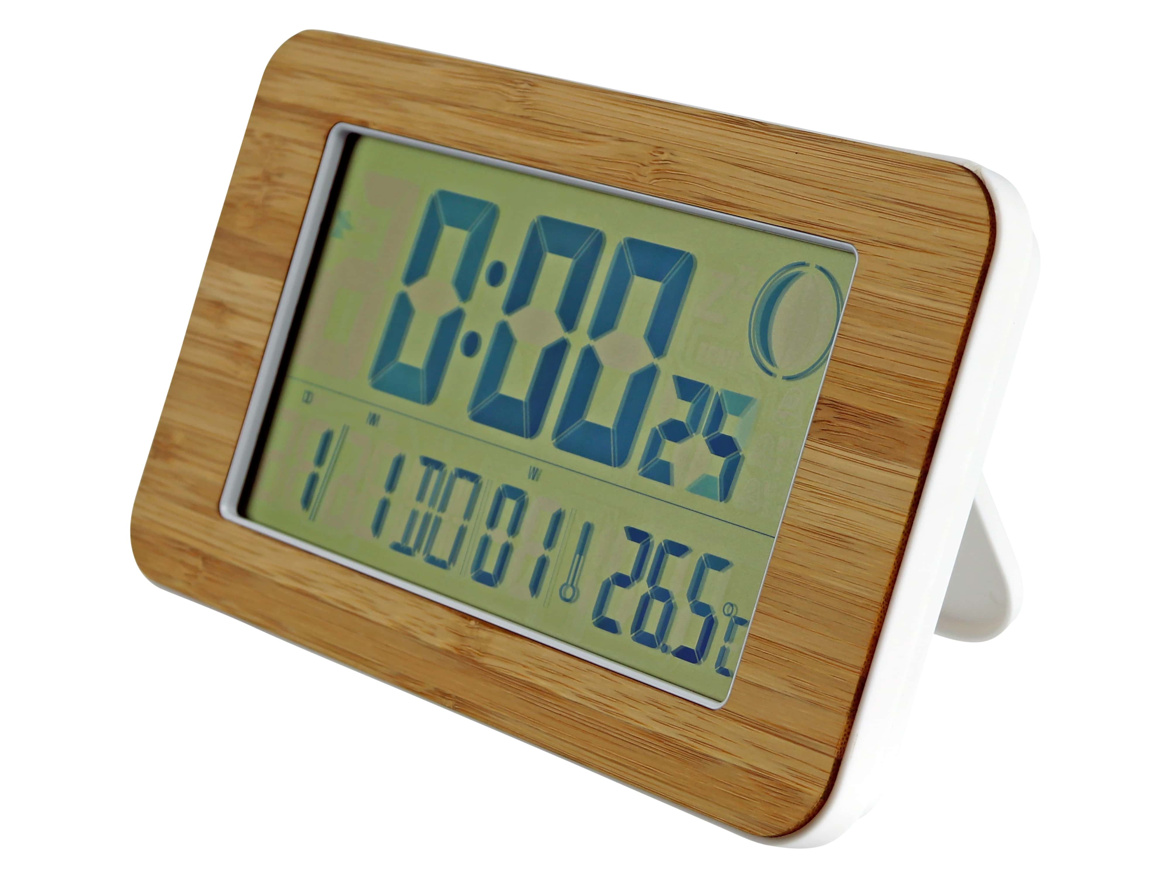 Digitale Funkuhr, Datumsanzeige, Wecker, Temperaturanzeige, Holzoptik