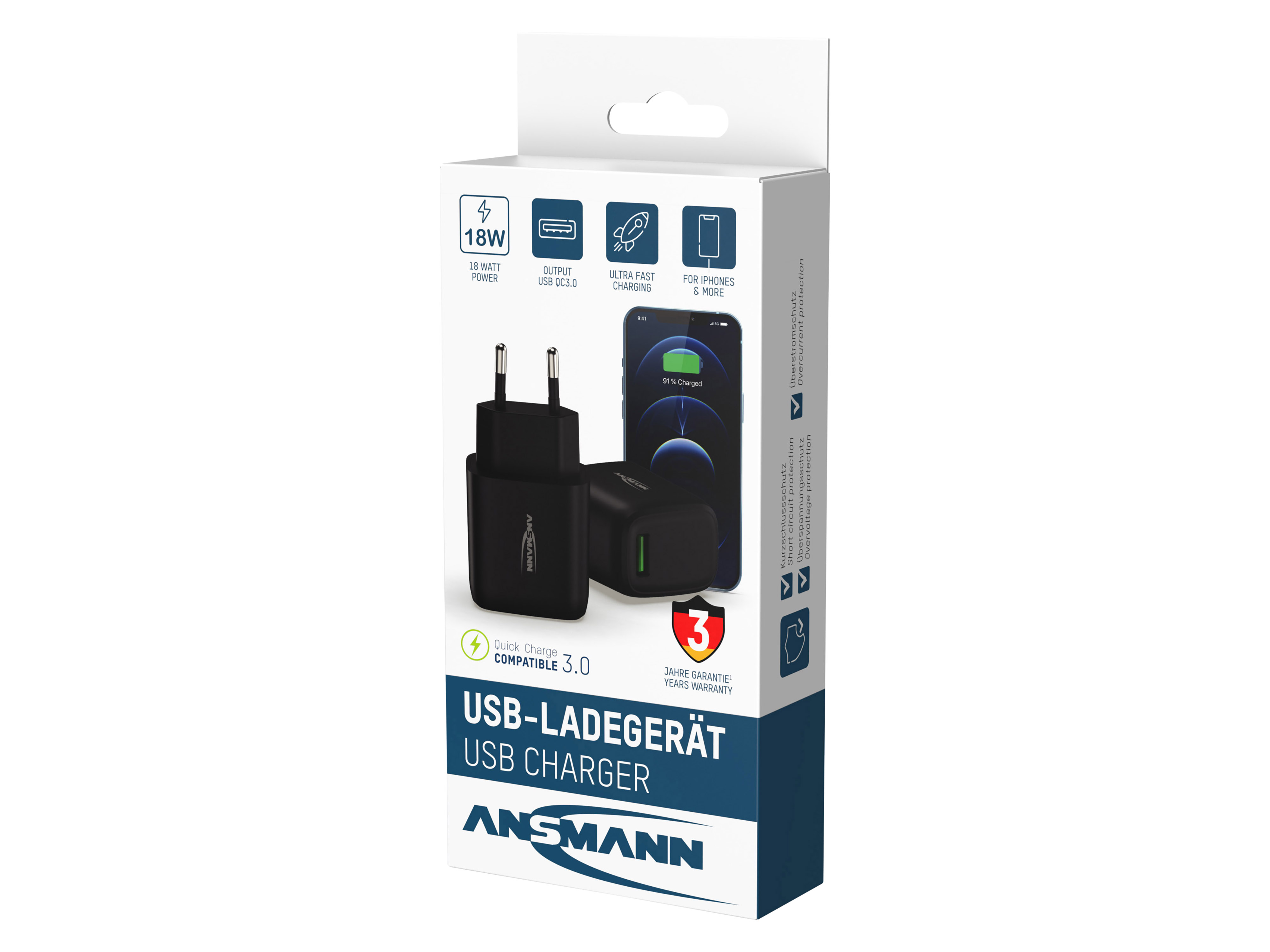 ANSMANN USB -Ladegerät Home Charger ,HC118QC /3 A/18 W/1 Port, schwarz