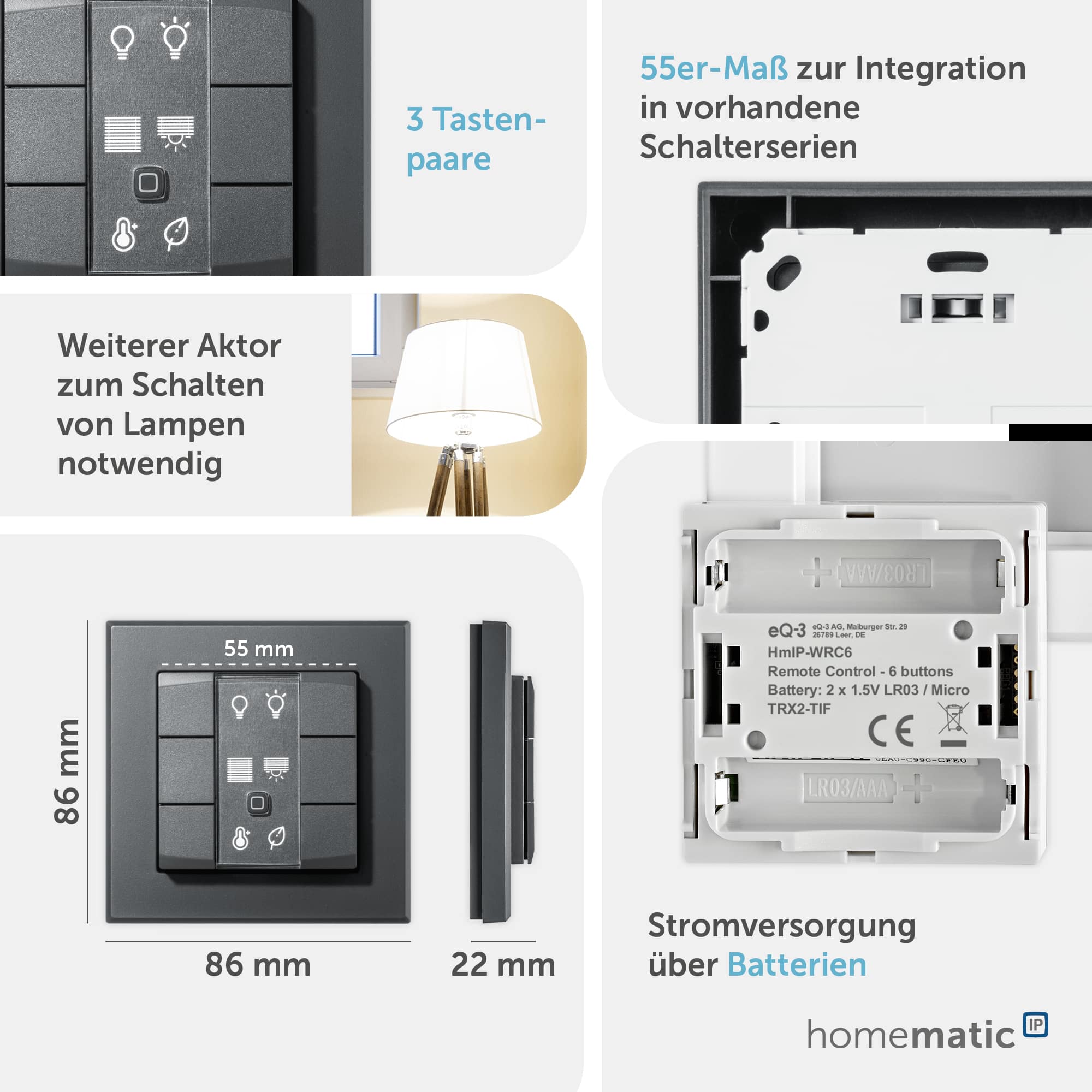 HOMEMATIC IP 159828A0, Wandtaster 6-fach, anthrazit