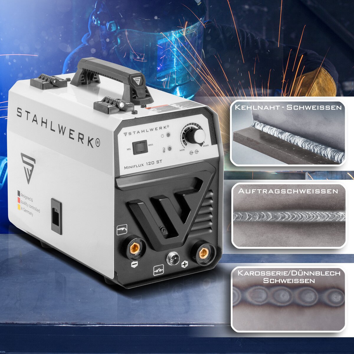 STAHLWERK Fülldraht Schweißgerät Mini FLUX 120 ST, 1129, mit synergischem Drahtvorschub und ARC
