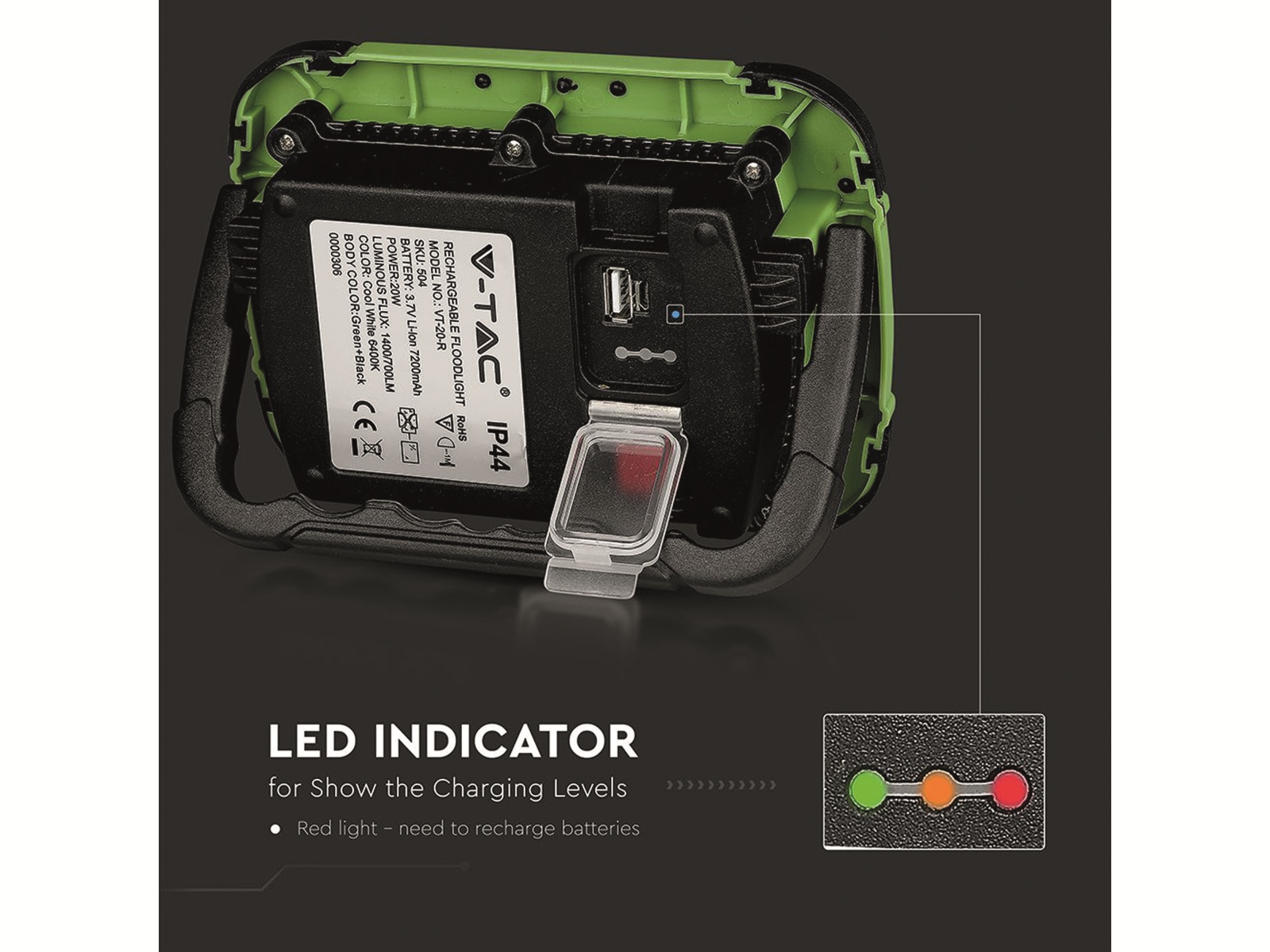 LED-Fluter VT-20-R, 20 W, 1400 lm, 4000 K, Akkubetrieb, grün/schwarz