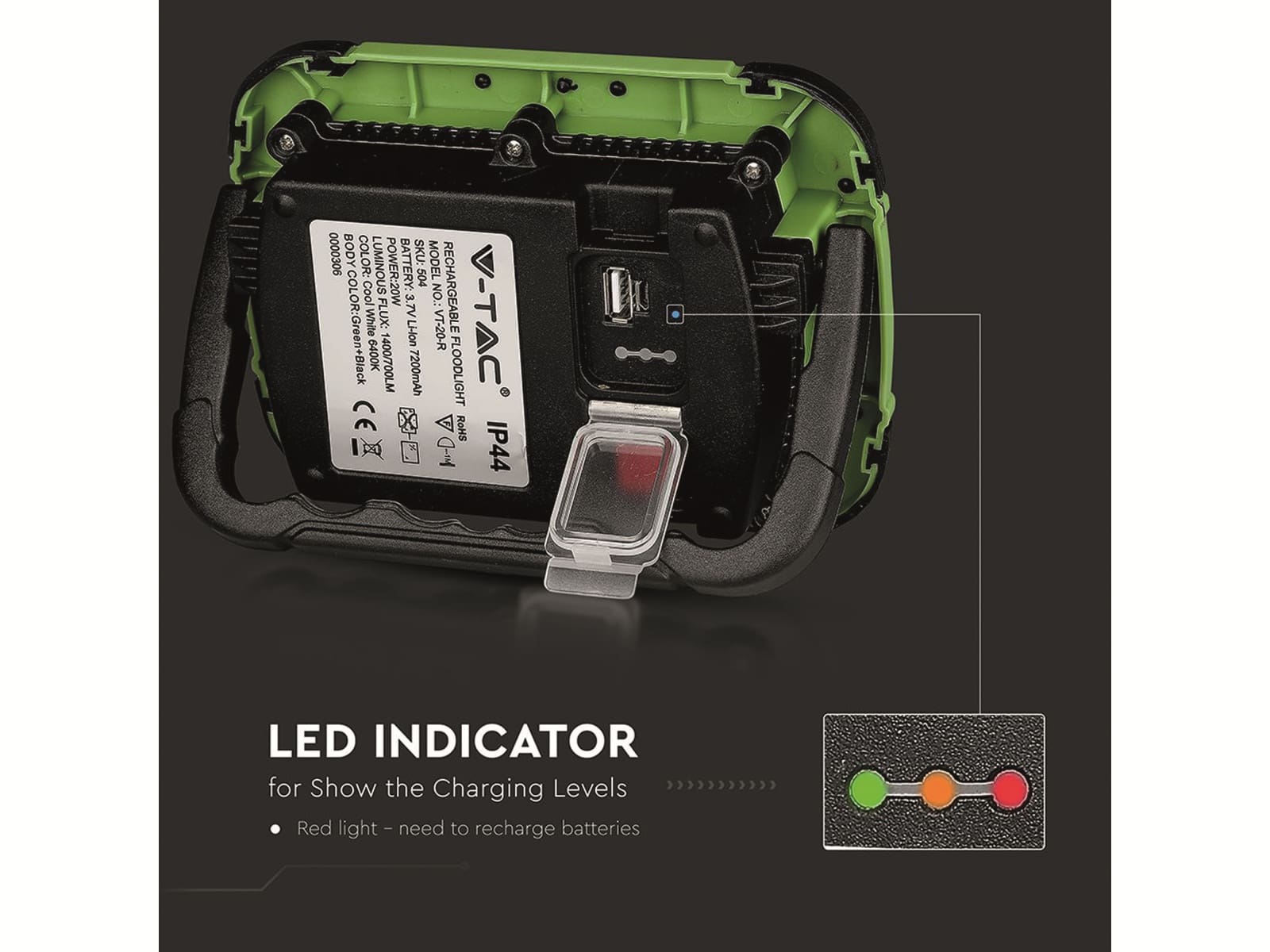 LED-Fluter VT-20-R, 20 W, 1400 lm, 4000 K, Akkubetrieb, grün/schwarz LED-Fluter VT-20-R, 20 W, 1400 lm, 4000 K, Akkubetrieb, grün/schwarz