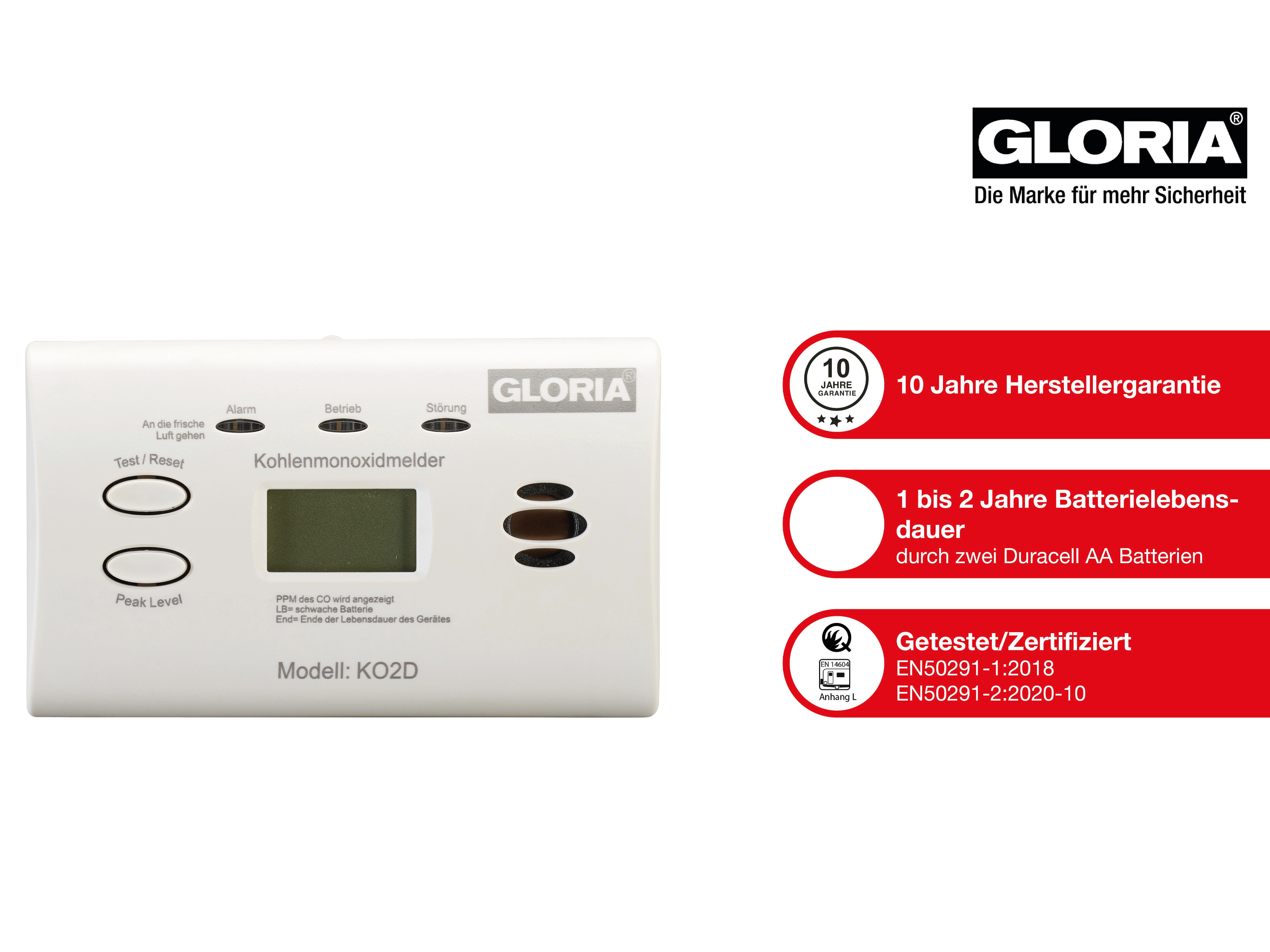 GLORIA Kohlenmonoxid-Melder KO2D, mit Display