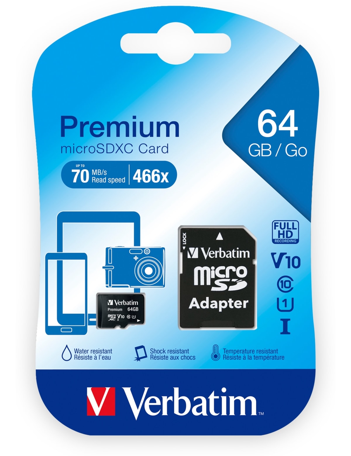 VERBATIM MicroSDXC Card Premium, 64 GB, Class 10, inkl. Adapter