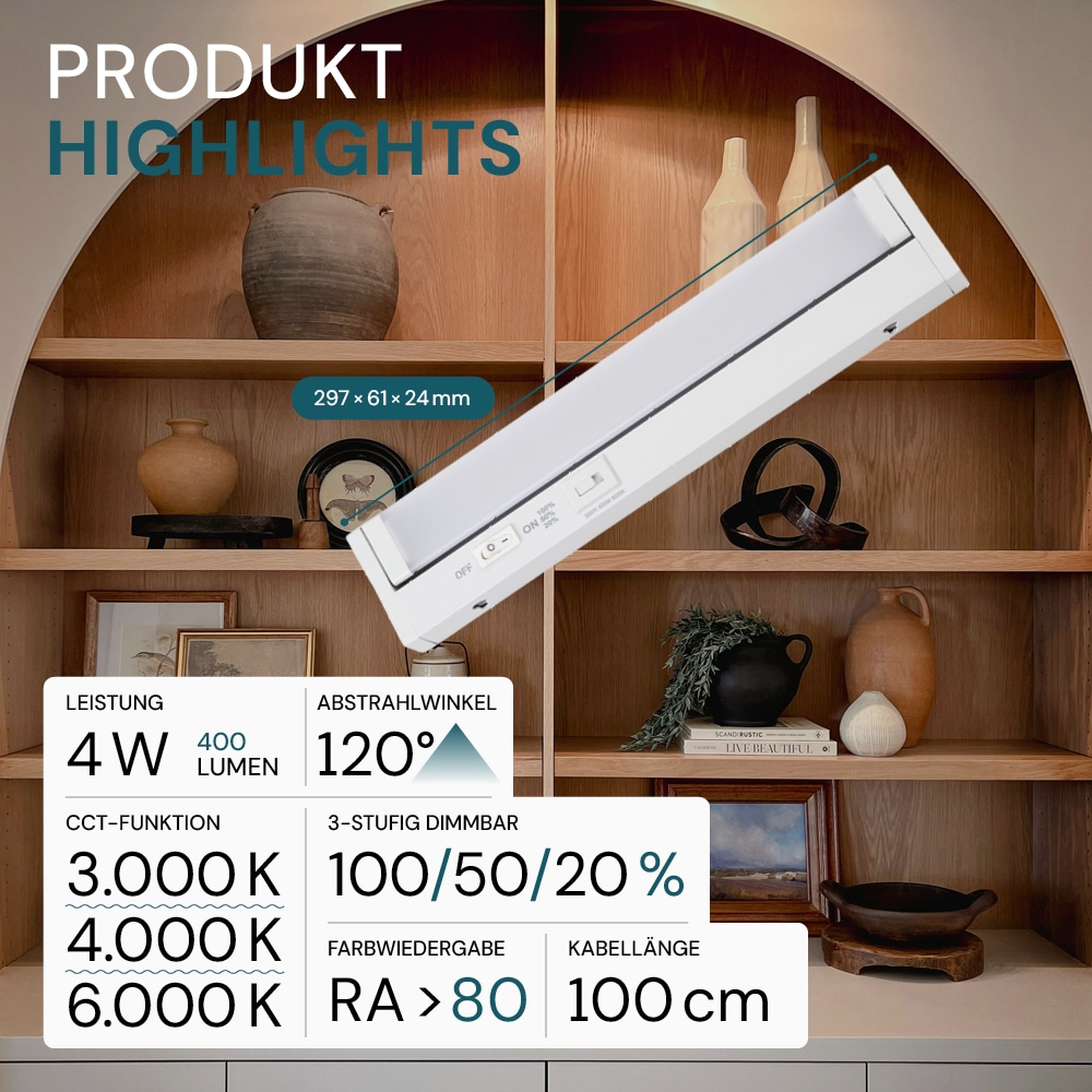 LUXULA LED-Unterbauleuchte, 4W, EEK: F, 400lm, CCT, IP20, dimmbar, weiß, 30 cm