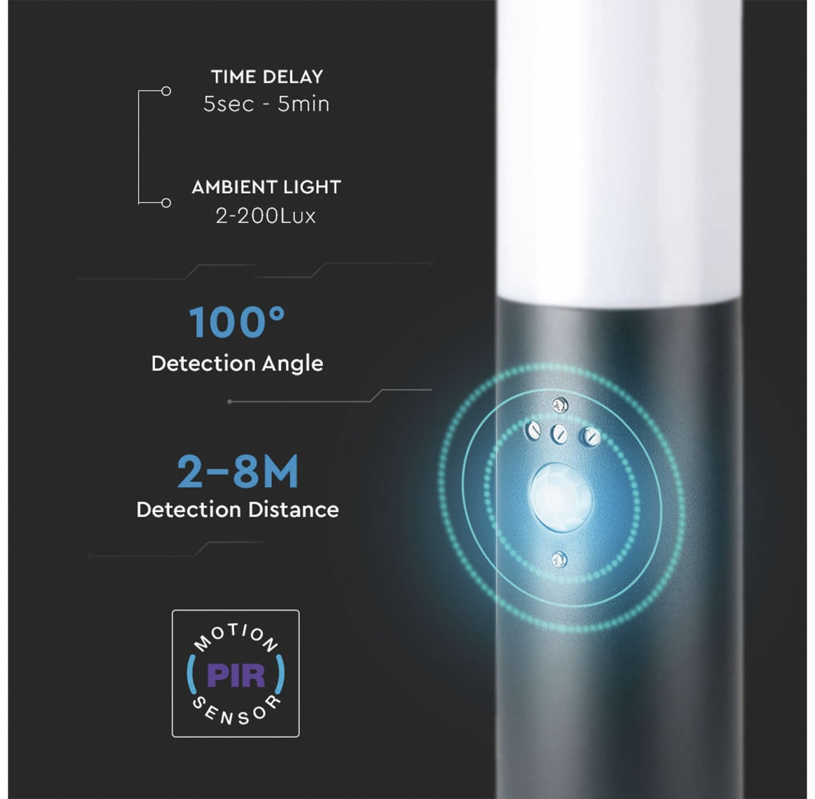 V-TAC Poller-Außenleuchte VT-838, IP44, E27, PIR-Sensor, Edelstahl, 450mm, VT-8965, grau