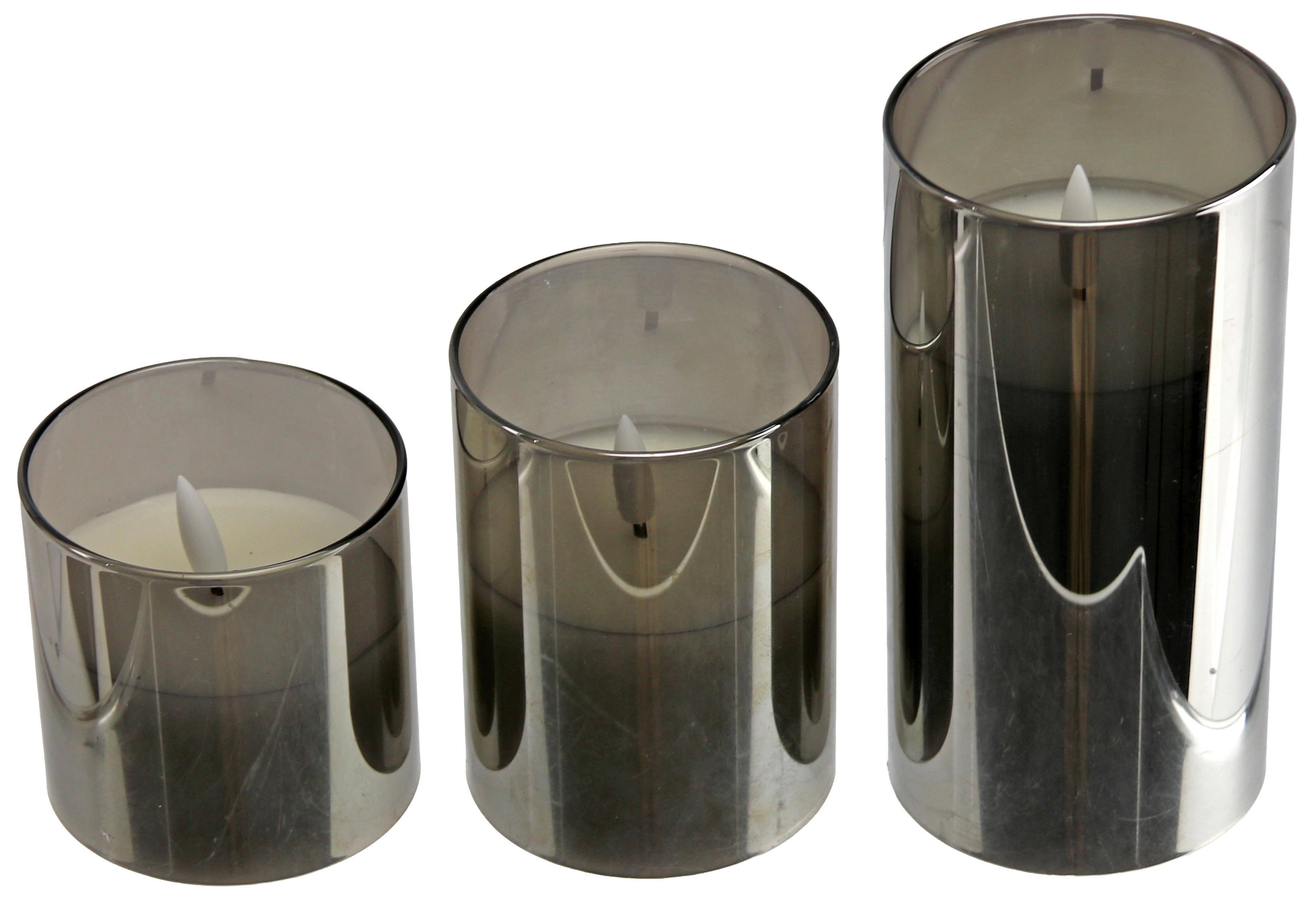LED-Echtwachskerze, Glas, mit Timer, 3 Stück, grau