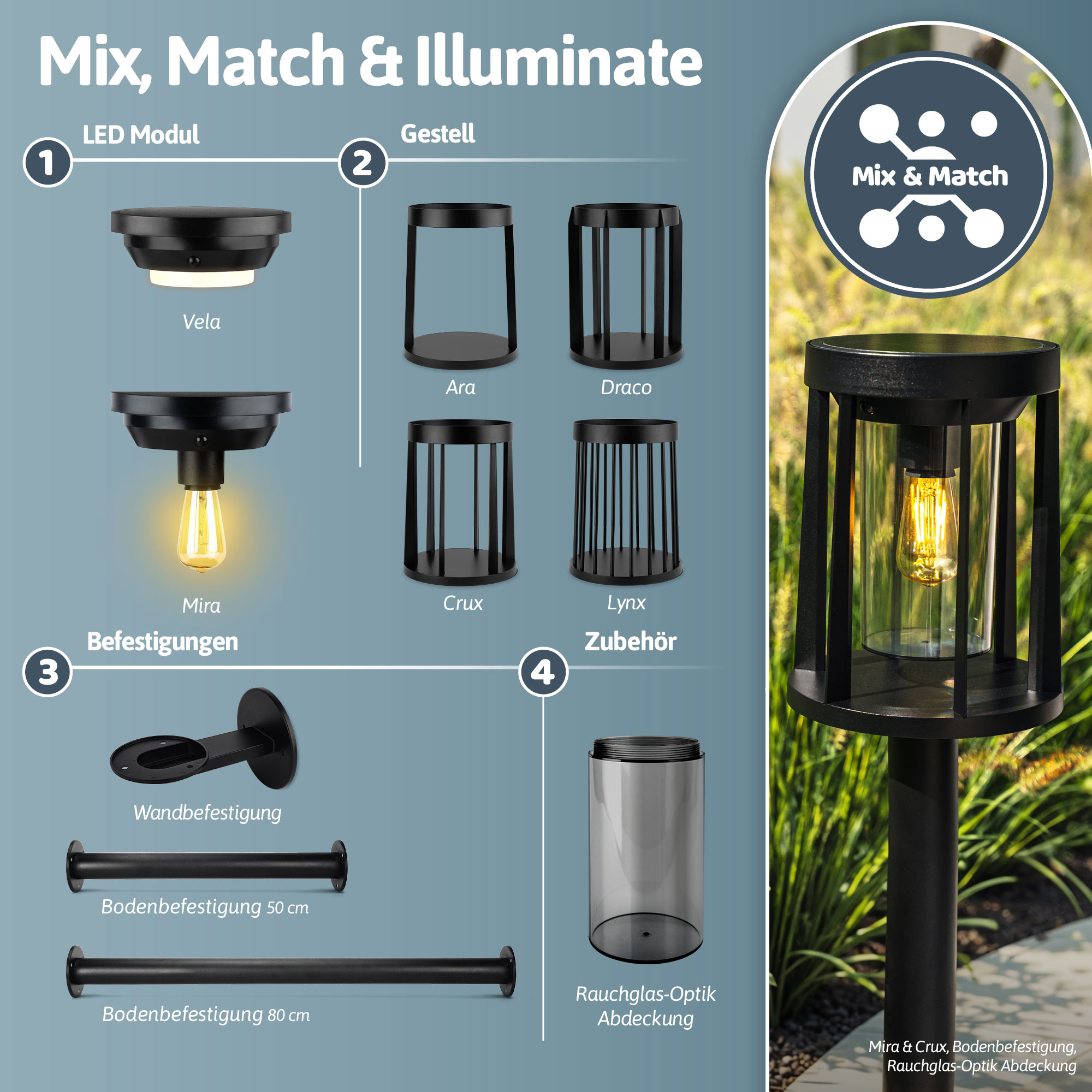 BRENDZ Solar LED-Tischleuchte, Mira & Ara, 40/200/400 lm, 2700 K, IP54