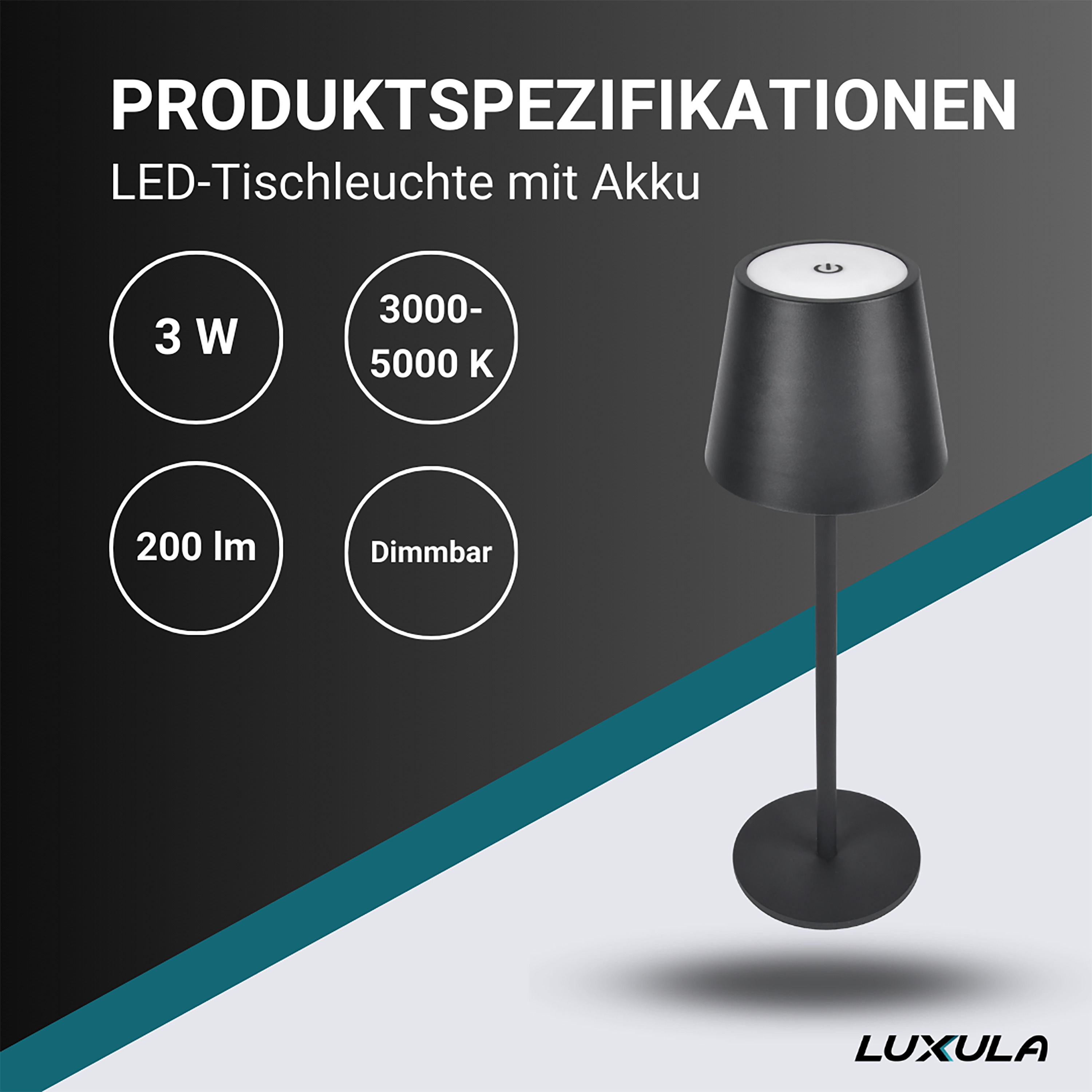 LUXULA LED-Akku-Tischleuchte LX700160, 3W, 200lm, Dimm- und CCT-Funktion LUXULA LED-Akku-Tischleuchte LX700160, 3W, 200lm, Dimm- und CCT-Funktion
