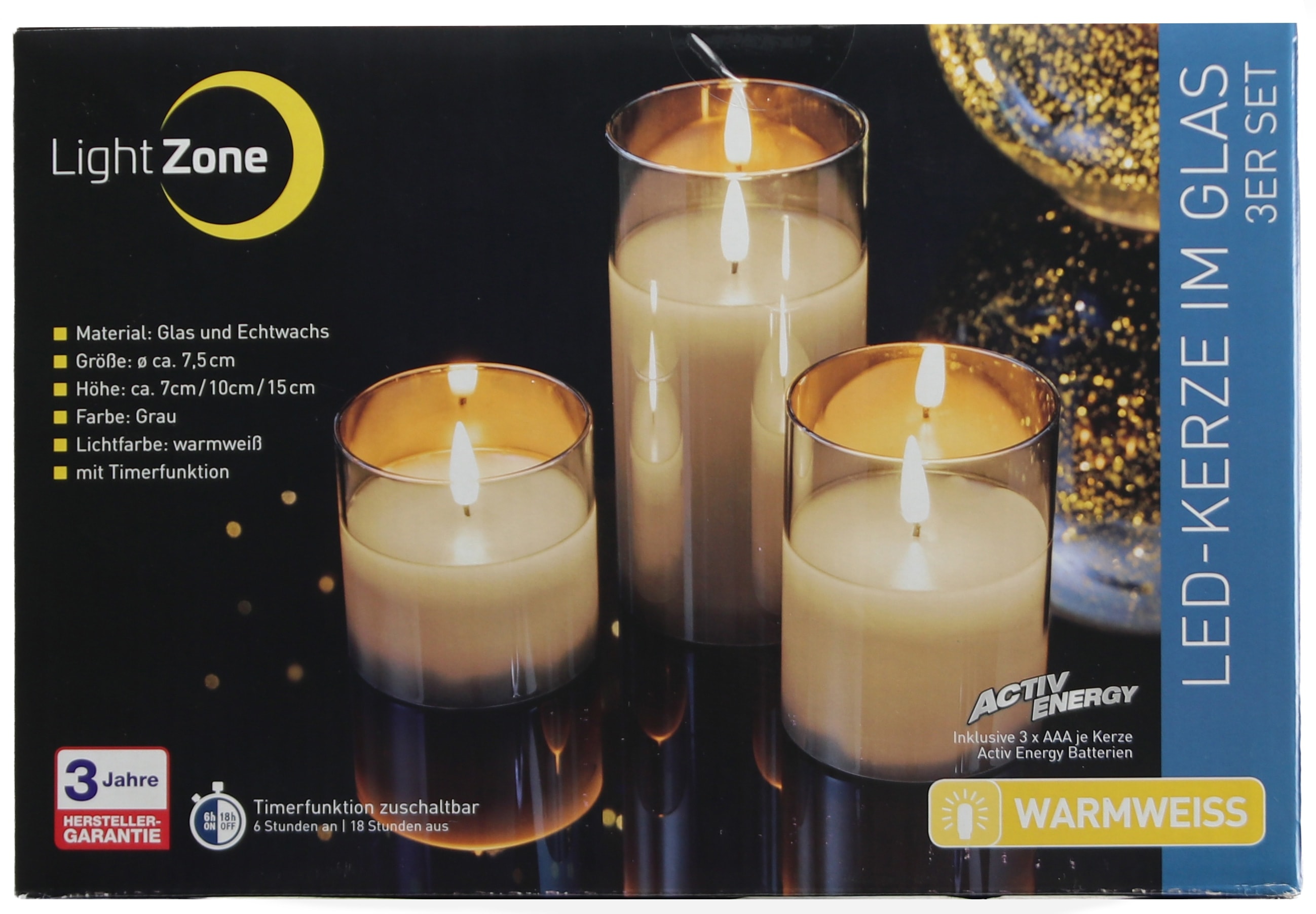 LED-Echtwachskerze, Glas, mit Timer, 3 Stück, grau LED-Echtwachskerze, Glas, mit Timer, 3 Stück, grau