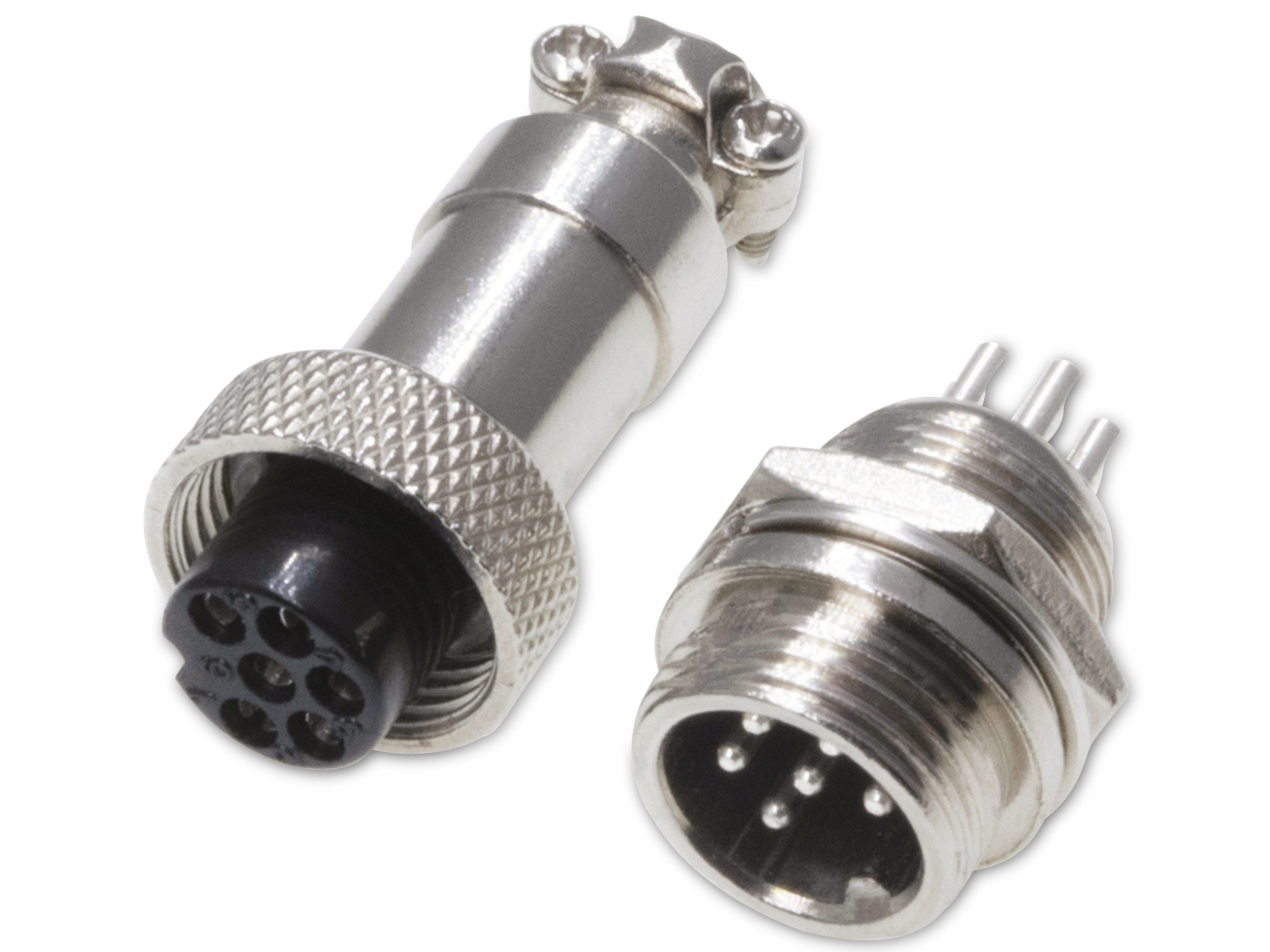 Rundsteckverbinder, 6-polig, 48V, 1A, Lötanschluss, IP55, wire to panel, 1 Stecker + 1 Buchse Rundsteckverbinder, 6-polig, 48V, 1A, Lötanschluss, IP55, wire to panel, 1 Stecker + 1 Buchse