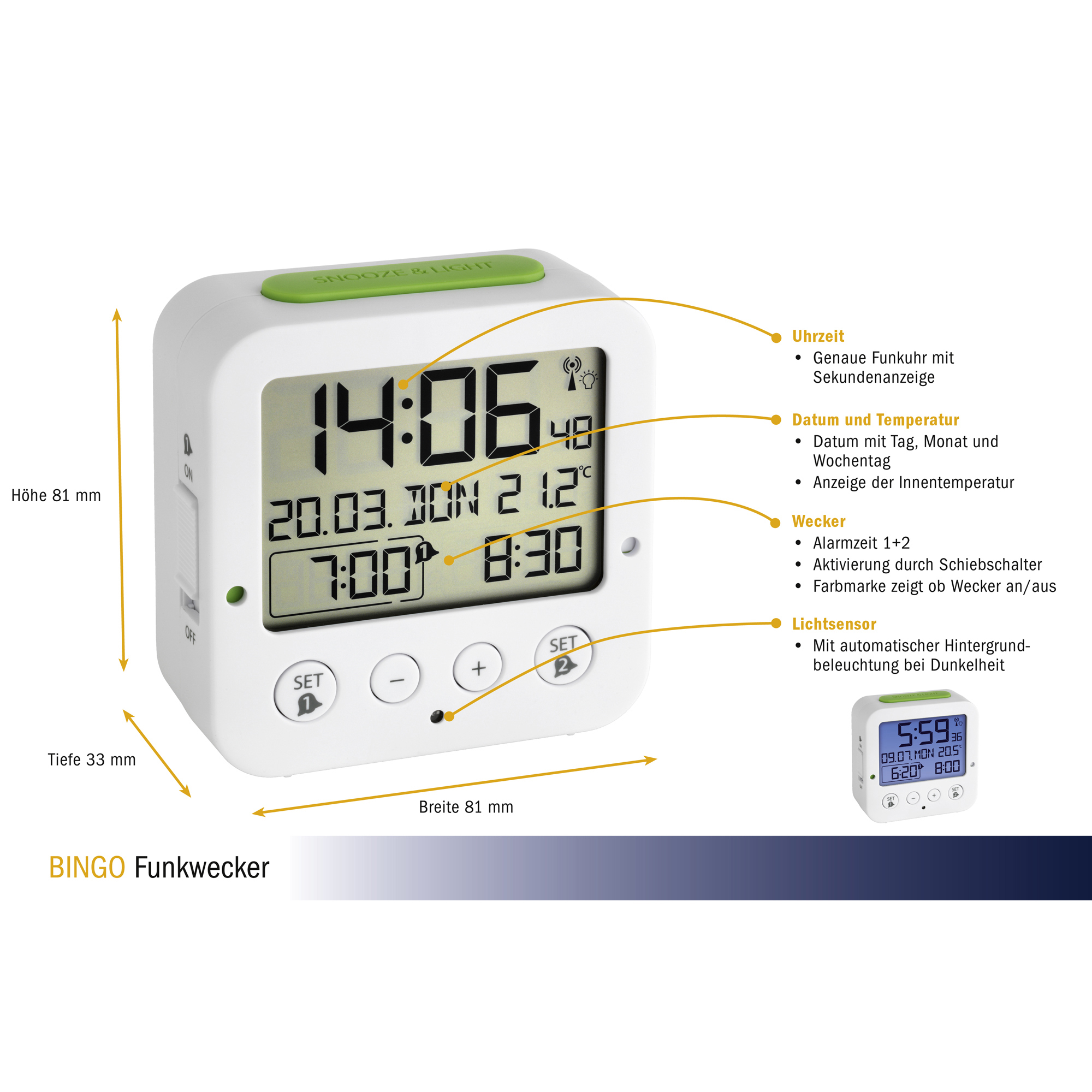 TFA Digitaler Funkwecker 60.2528.02, mit Temperatur BINGO