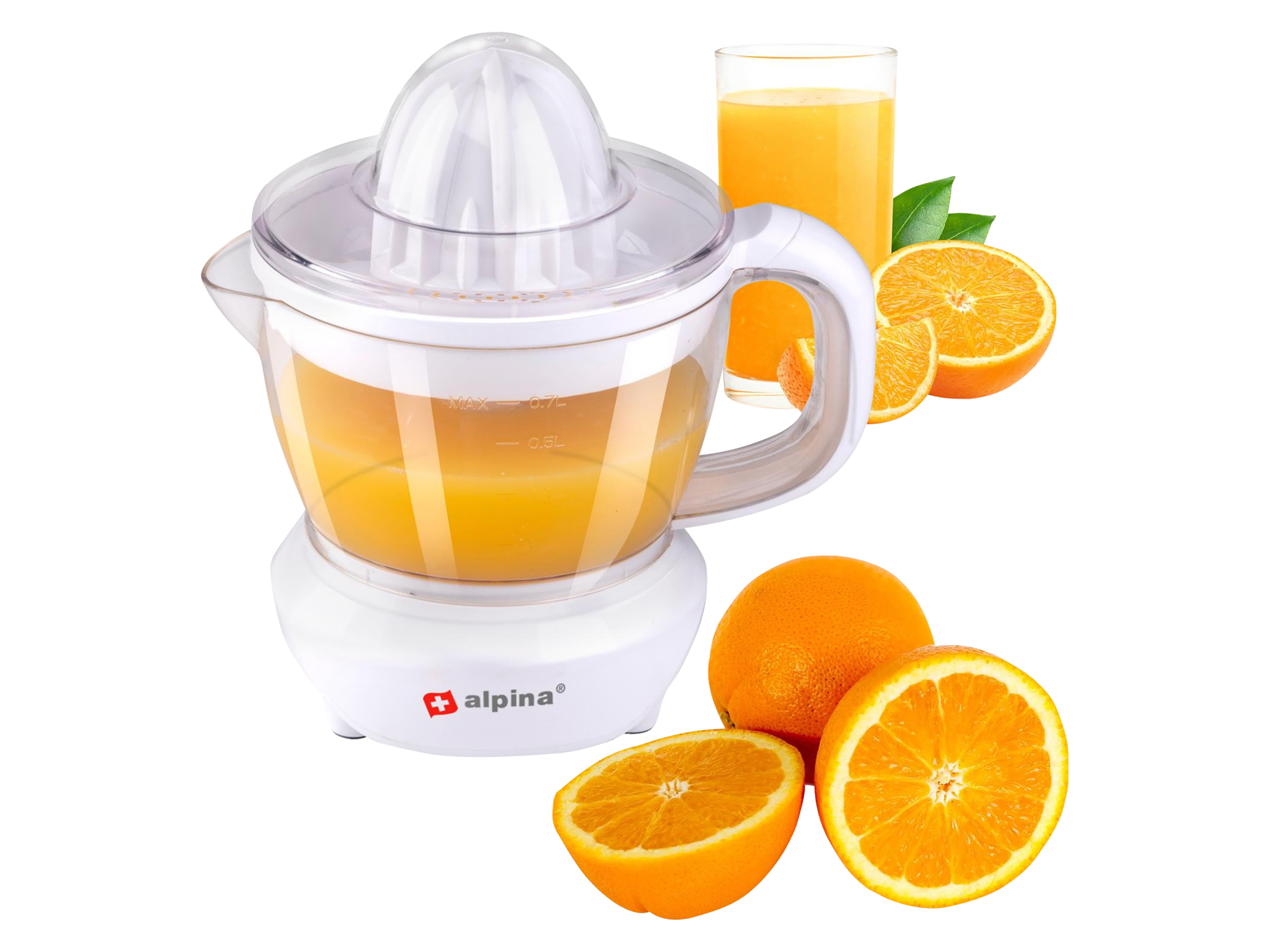 ALPINA Saftpresse, 0,7 Liter, Ziruspresse, 2 Presskegel, 25 W, weiß ALPINA Saftpresse, 0,7 Liter, Ziruspresse, 2 Presskegel, 25 W, weiß