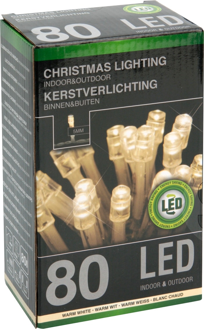 LED-Lichterkette, 80 LEDs, warmweiß, 230 V~, transparent, Innen/Außen, 9 m LED-Lichterkette, 80 LEDs, warmweiß, 230V~, IP44, Innen/Außen, Kabelfarbe silber/transparent
