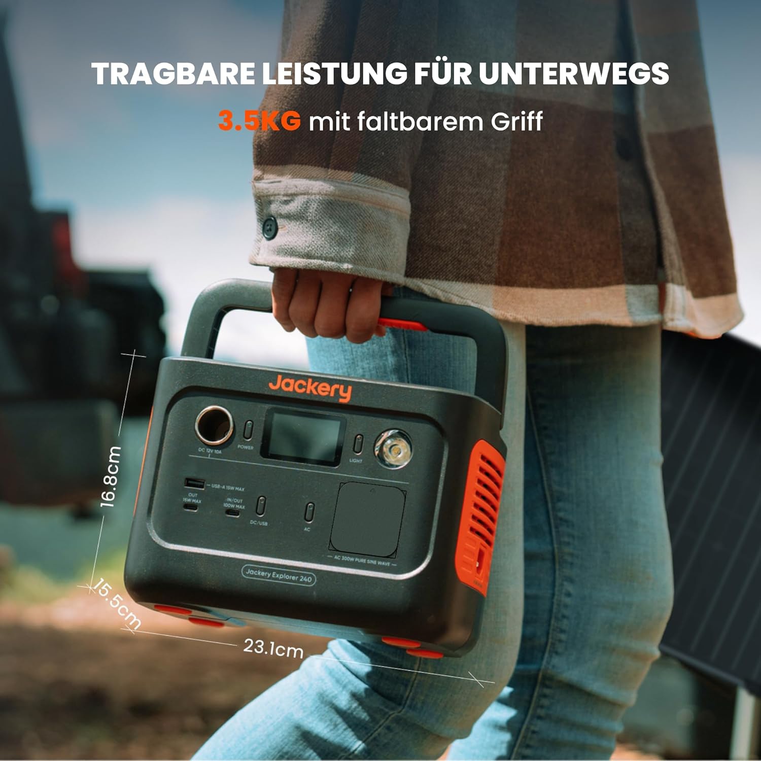 JACKERY Powerstation Explorer 240 V2, LiFePO4, 256 Wh, 300 W, 5-Port, USB-C PD 100 W, faltbarer Tragegriff