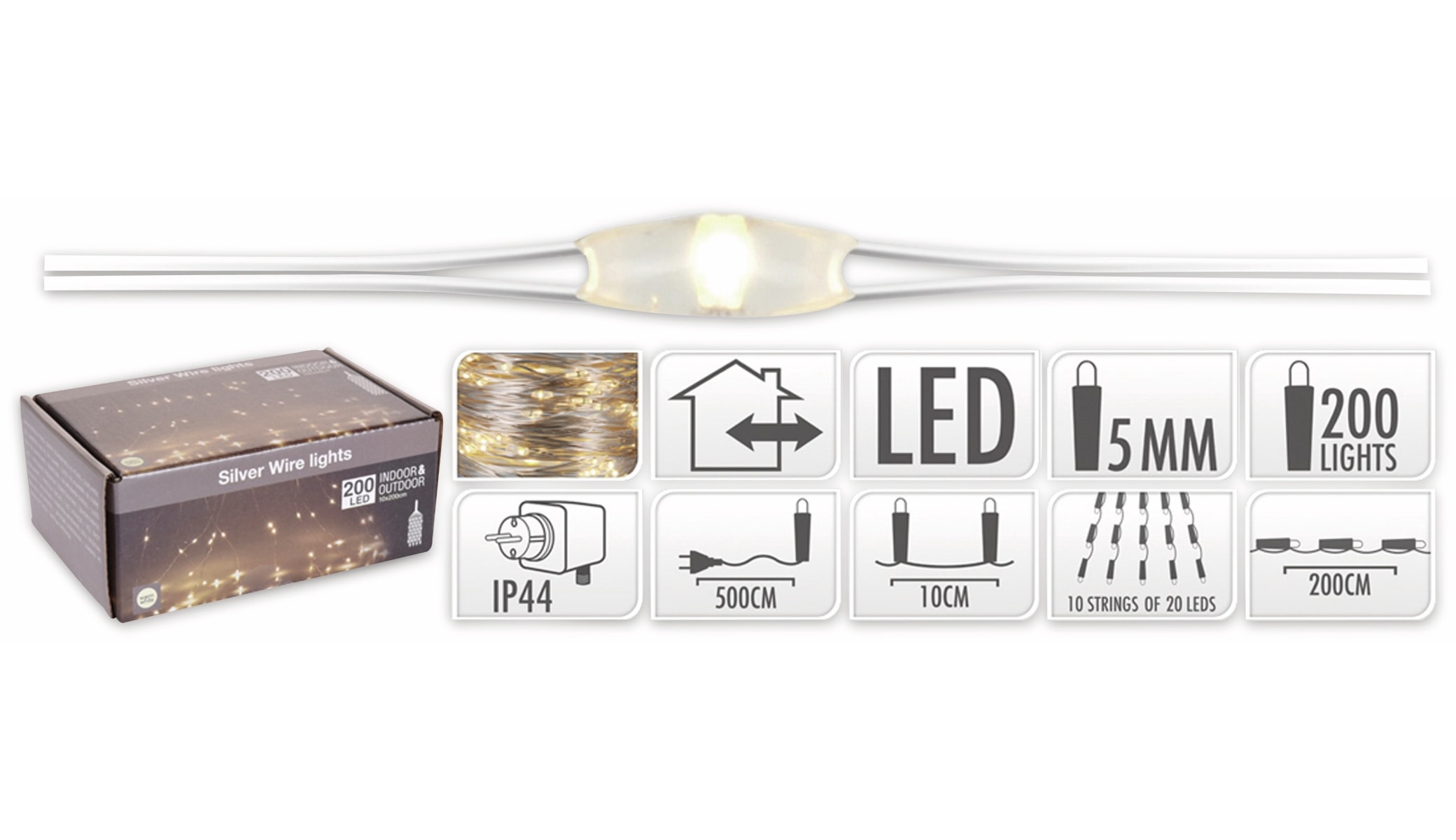 LED-Lichterkette Vorhang, warmweiß, 200 LEDs in 10 Strängen, halbtransparent, IP44 LED-Lichterkette, warmweiß, 200 LEDs, halbtransparent, 230V~, Innen/Außen