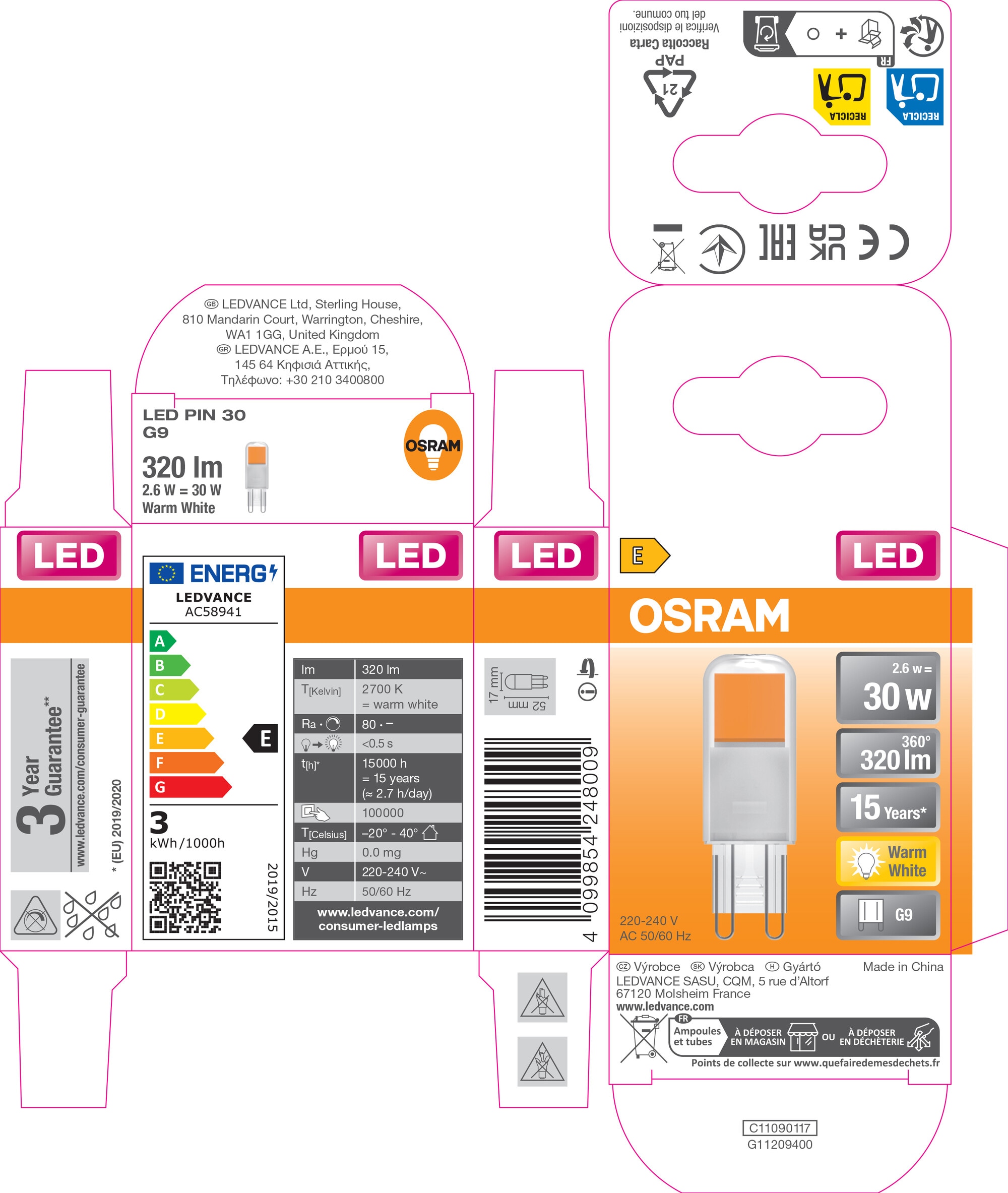OSRAM LED-Stiftsockellampe PIN30, G9, EEK: E, 2,6W, 320lm, 2700K